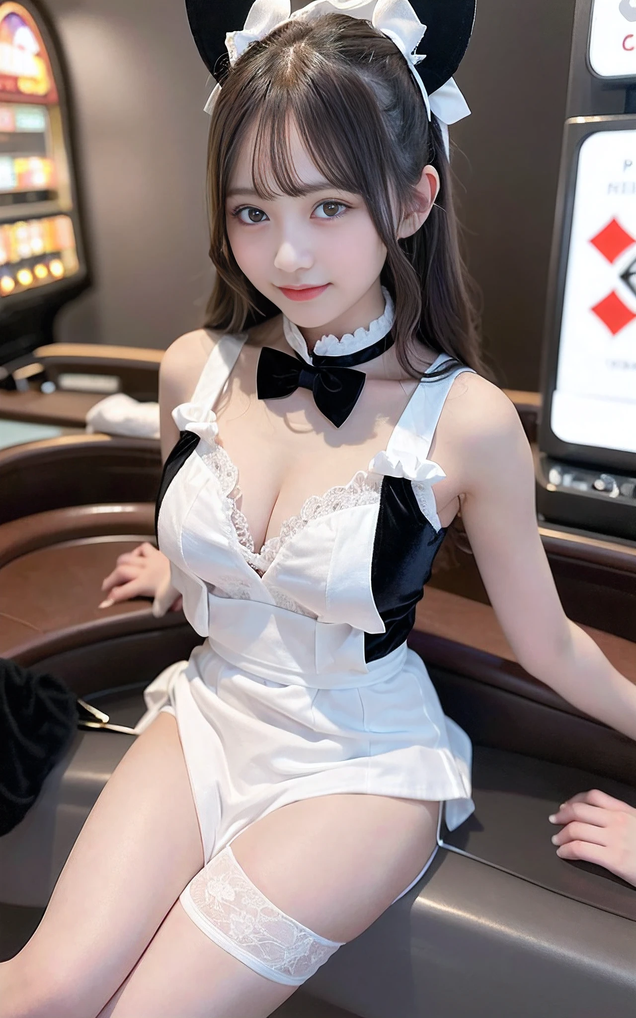 8K, casino, Black velvet bunny girl costume, velvet, 16-year-old woman, Bokeh background, bokeh, The girl's own room, A smile, white skinned, Cute little girl s, breast on the desk, White choker and black bow tie, white cuffs, Both sides face up