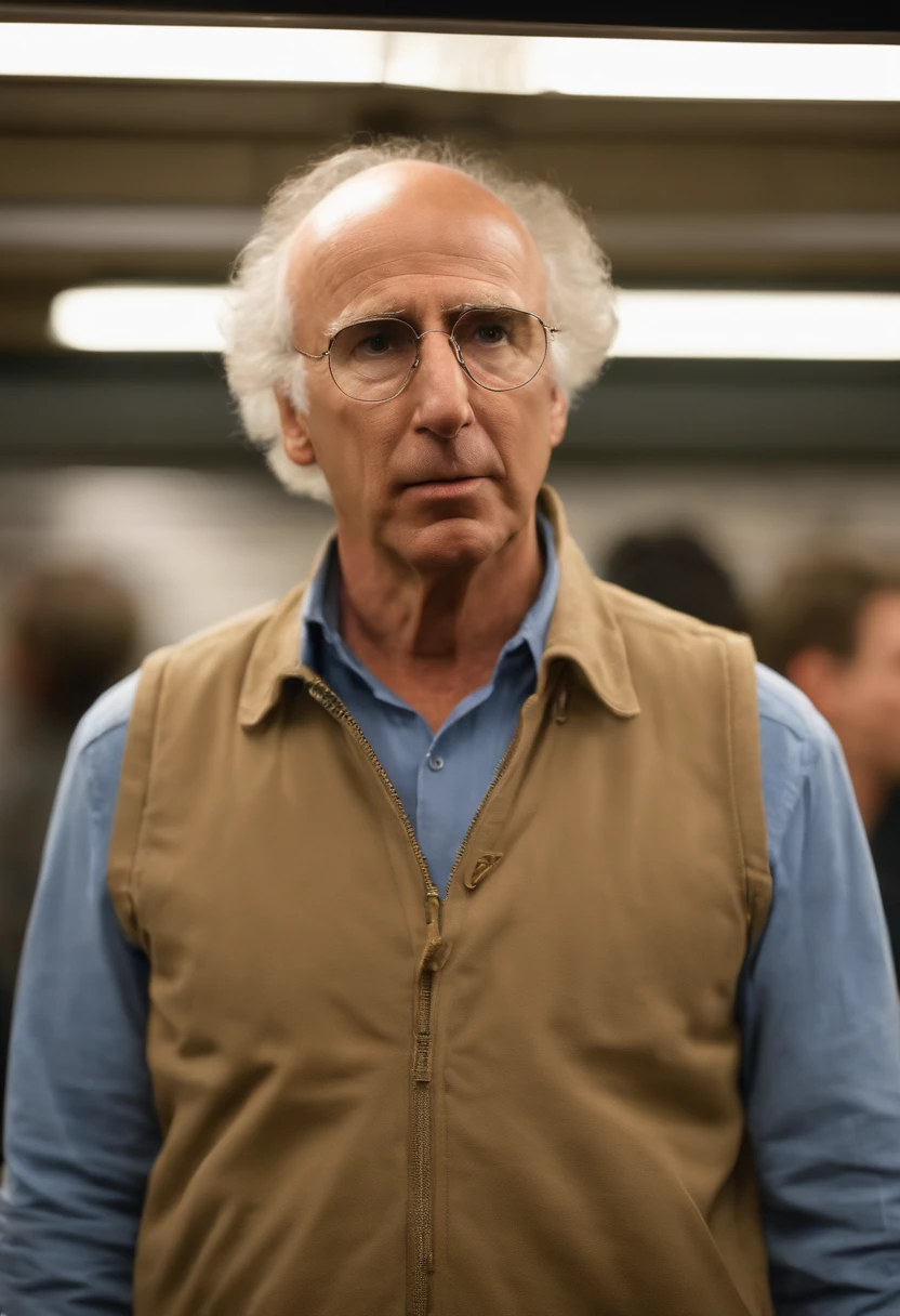 A photo of Larry scowling at a group of street performers in the subway station.,Curb Your Enthusiasm,Larry David, the character from “Curb Your Enthusiasm,” mirrors his real-life counterpart with a casual, often disheveled appearance, typically seen in khaki pants, a loose-fitting shirt, and sneakers. He is balding, with a rim of curly hair, and he carries a bemused expression that often shifts into one of exasperation or incredulity, male