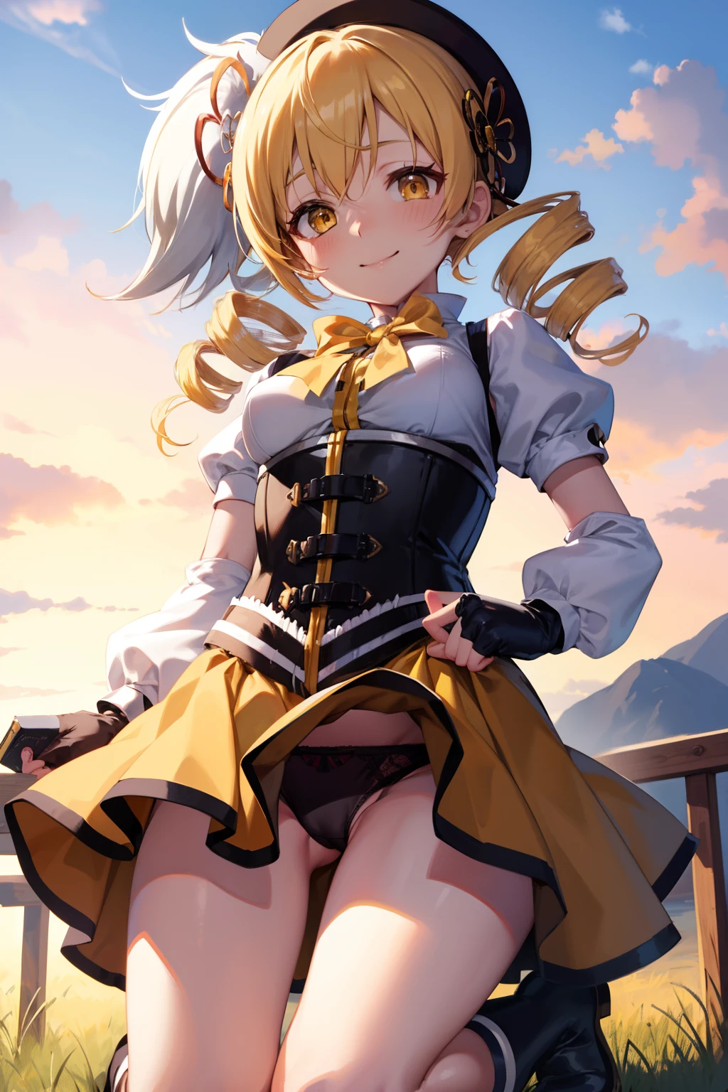 masutepiece, Best Quality, 1girl in, (Mami Tomoe), Blonde hair, Drill Hair, twin drills, (Yellow eyes:1.2), Brown gloves, corsets, Detached sleeves, Fingerless gloves, Smile, hat, magical girl, Puffy sleeves, striped thigh, Yellow skirt, coverd nippple, breasts, npclearly, clearly , Hidden Private, Partially visible crotch, skyporn, evening, Sunset,、((Photo from directly below))、((Black panties))、Kneeling