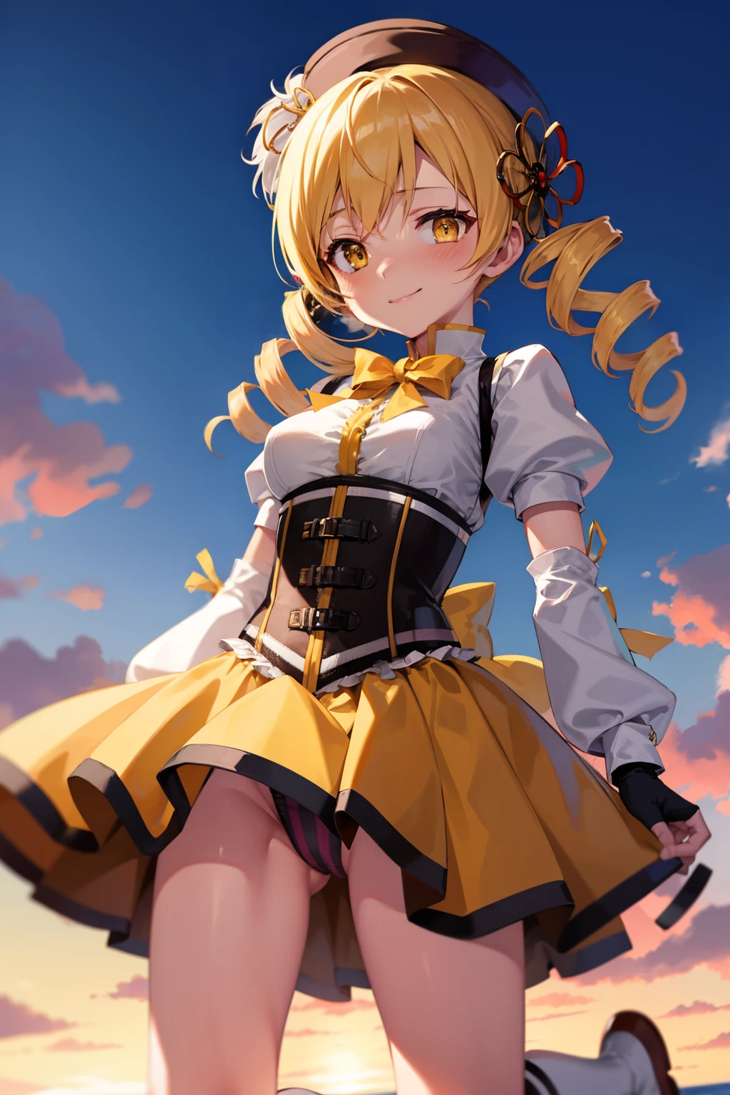 masutepiece, Best Quality, 1girl in, (Mami Tomoe), Blonde hair, Drill Hair, twin drills, (Yellow eyes:1.2), Brown gloves, corsets, Detached sleeves, Fingerless gloves, Smile, hat, magical  girl, Puffy sleeves, striped thigh, Yellow skirt, coverd nippple, breasts, npclearly, clearly , Hidden Private, Partially visible crotch, skyporn, evening, Sunset,、((Photo from directly below))、((Black panties))、Kneeling