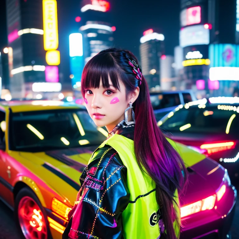 masutepiece, Best Quality, Confident cyberpunk girl, Full body shot, ((Stand in front of the car)), Pop costumes inspired by Harajuku, Bold colors and patterns, Eye-catching accessories, Trendy and innovative hairstyles, Bright makeup, Cyberpunk dazzling cityscape, Skyscrapers, neon signs, led lights, Bright and vivid color scheme, Anime, Illustration, Detailed skin texture, Detailed Cloth Texture, beautifull detailed face, Intricate details, ultra-detailliert.