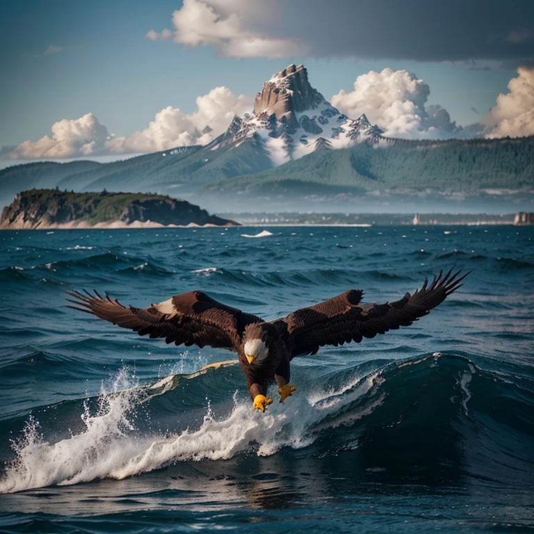 create an image on the horizon, with mountains, ocean, black clouds approaching, in the center an (((eagle))) hovering