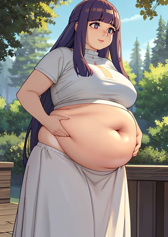 Fern, , fat, large belly, standing, grabbing belly, very fat, large stomach, chubby (best quality, masterpiece), fat belly