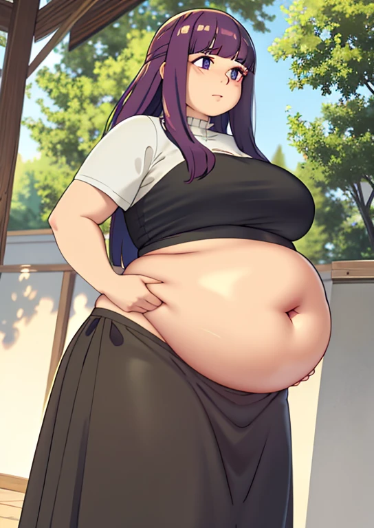Fern, , fat, large belly, standing, grabbing belly, very fat, large stomach, chubby (best quality, masterpiece), fat belly