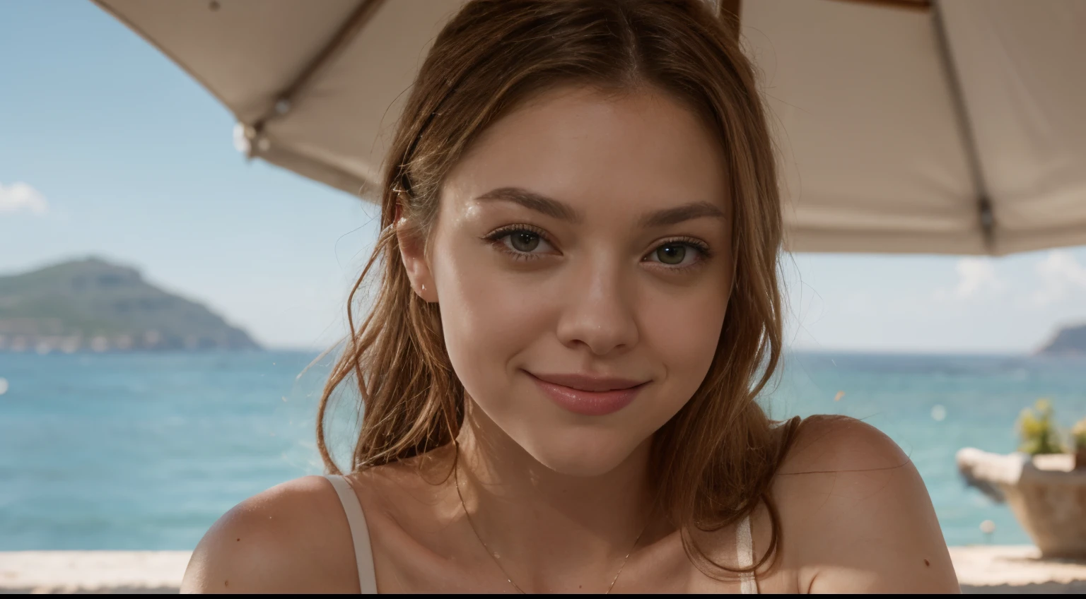 A close photo portrait of beautiful stunning gorgeous Amanda Seyfried as a Sophie in a Mamma Mia movie, 8k, HDR, film grain Fujifilm XT3 (high definition skin:1.2), happy face, greek island in background,