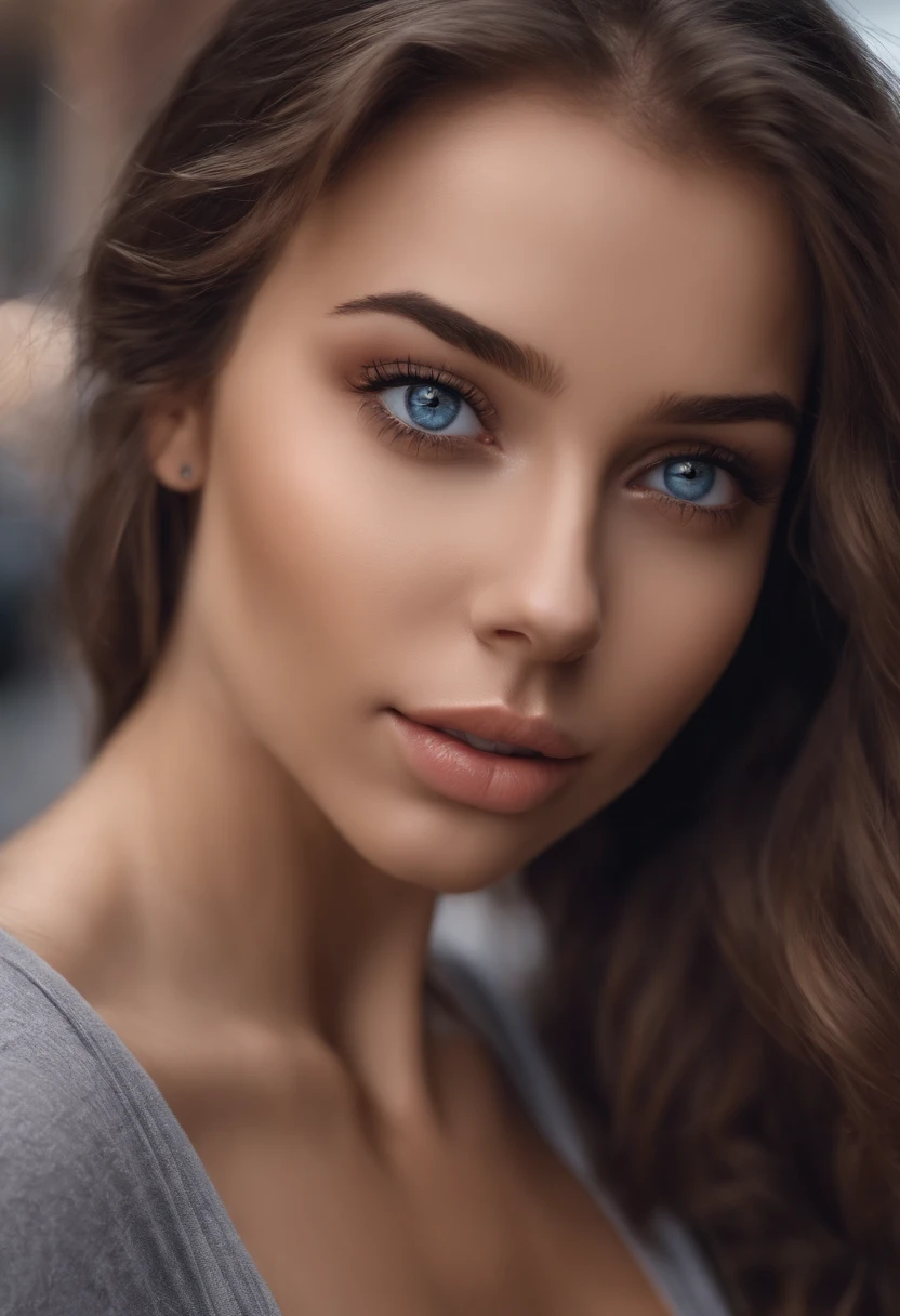 arafed woman fully , sexy girl with blue eyes, ultra realistic, meticulously detailed, portrait sophie mudd, brown hair and large eyes, selfie of a young woman, Street eyes, violet myers, without makeup, natural makeup, looking directly at the camera, face with artgram, subtle makeup, walking down the street shot,in the street, medium to large size bust mixed race ,revealing sexy outfit  anime shirt