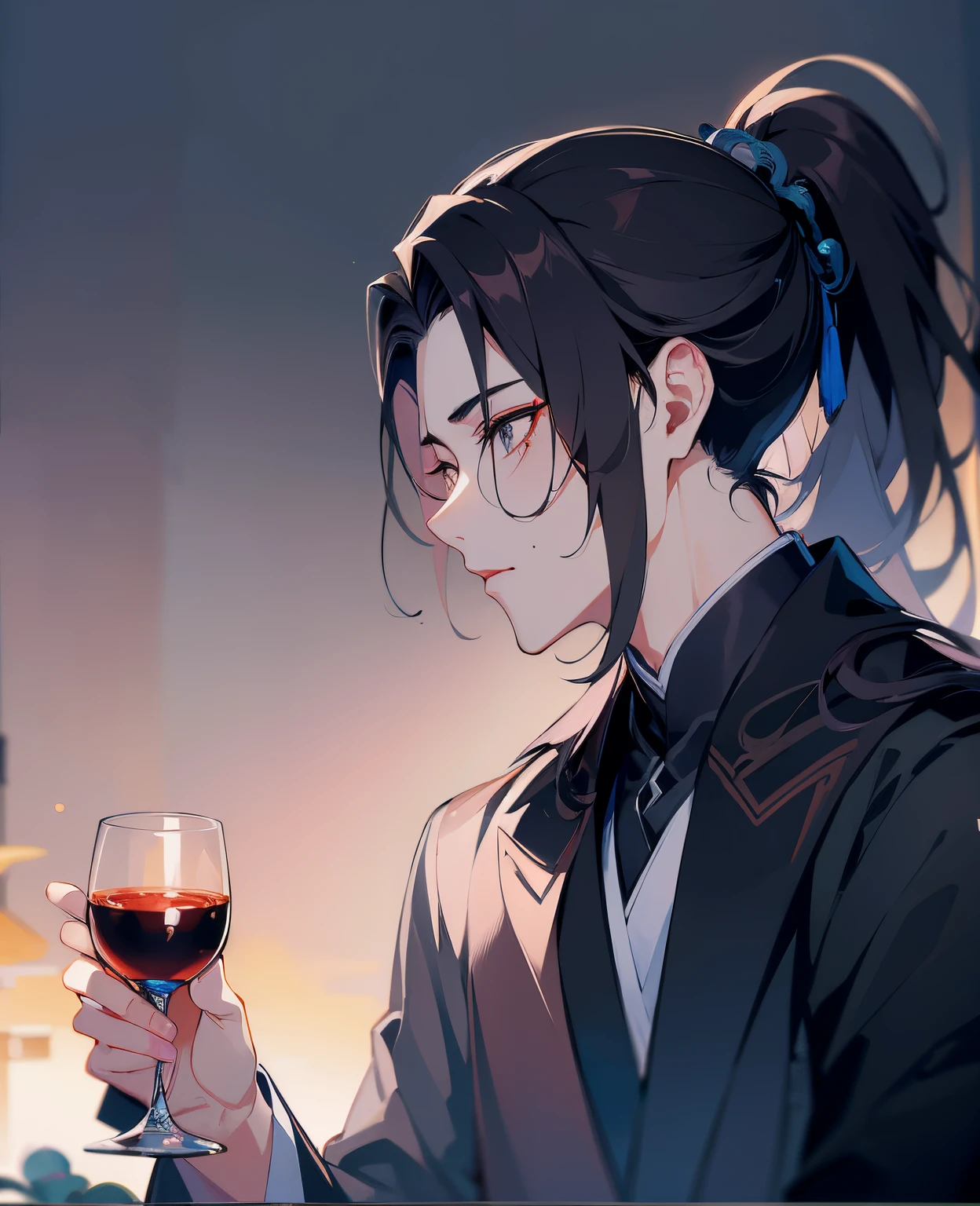 natta，starrysky，high ponytails，Close-up of a man wearing a black robe and tie, Blackn clothes，cai xukun, inspired by Zhang Han, xianxia hero, inspired by Wu Daozi, Inspired by Guan Daoxiang, Young angels, tian zi, drank, xianxia, heise jinyao, inspired by Zhao Yuan, li zixin, xintong chen，natta，