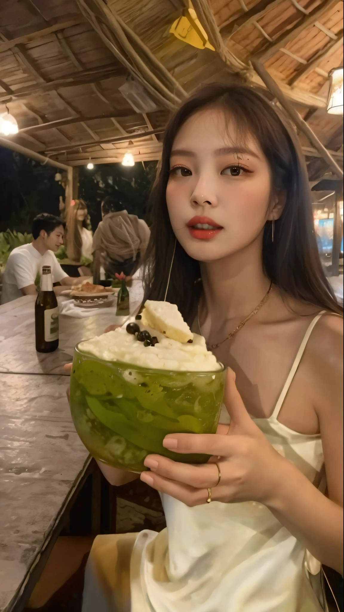 Jennie Kim a coconut bebida in her hand while sitting at a table, cocos, 😭 🤮 💕 🎀, imagem de perfil, bebida, 🤬 🤮 💕 🎀, summer night, imagem de perfil, Jennie blackpink aka Jennie, with a bebida, imagem de perfilture, lara croft eating durian, Senhora deslumbrante, com um canudo, bebidaing