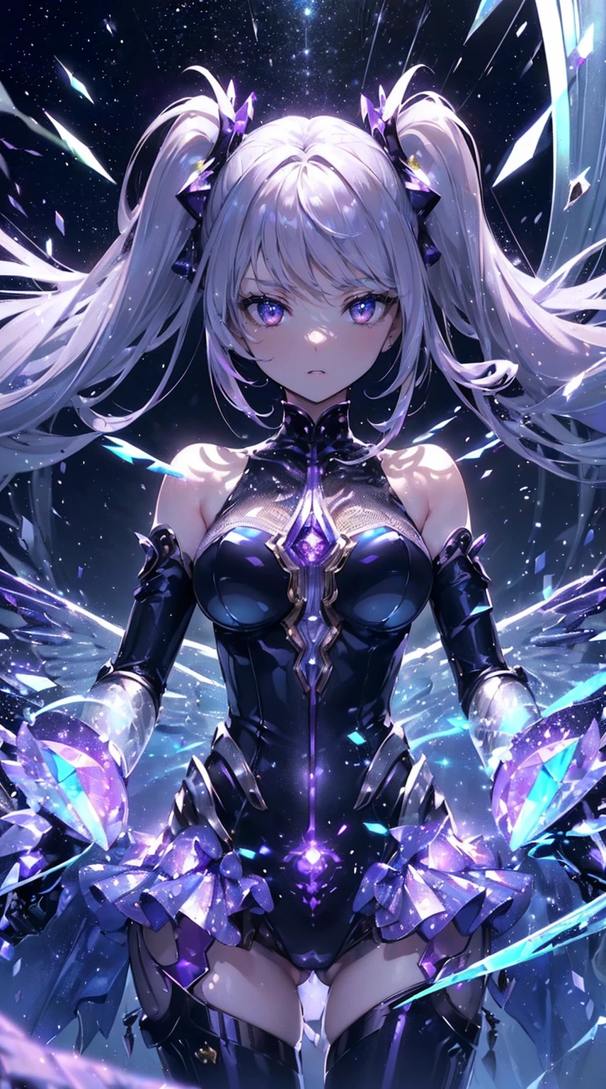 (((masterpiece))), (((highest quality))), ((ultra-detailed)), ((super fine illustration)), ((ultra-fine painting)), (upper body:1.2), Highly detailed and delicate illustration style, detailed skin texture, detailed metal texture, detailed cloth texture, extreme detailed description, (T-masterpiece), (highly detailed face), original, raw photo, professional, Intricate details, super details, intricate ornament details, perfect ???????, (18-years-old), (????), (????), real, ((Solo)), ((A beautiful and cool girl marshal with beautiful hair and eyes dressed as a mechanical angel)) BRAKE Beautifully shaped small ???????, Beautifully shaped small ????????, (beautiful and shiny silver hair with twintails:1.1), (Beautiful clear purple eyes:1.1), (detailed beautiful clear eyes:1.6), BRAKE ((sophisticated mechanism:1.4))Smooth and menacing design, (Sleek large highly detailed and delicate mechanical wings in a glowing amethyst purple color:1.4)), ((A very mysterious and sacred large sword that shines in rainbow colors with amethyst purple color exclusively for marshal girls:1.3)), ((High-speed, high-mobility, iridescent, highly detailed and baptized mechanical armor for marshal girls in amethyst purple color:1.3)) BRAKE concept-art, Detailed Science Fantasy Art, (Battle Pose), ((Highly detailed and sophisticated slashing pose:1.1)) BRAKE (Highly detailed and delicate starry sky), (other world), no robot, (close mouth), Front view, (8K highest quality wallpaper), Highly detailed and delicate background BRAKE (cute background, Geometric patterns, vivid color background:1.5), (colorful confetti:1.15) BRAKE (????) BRAKE