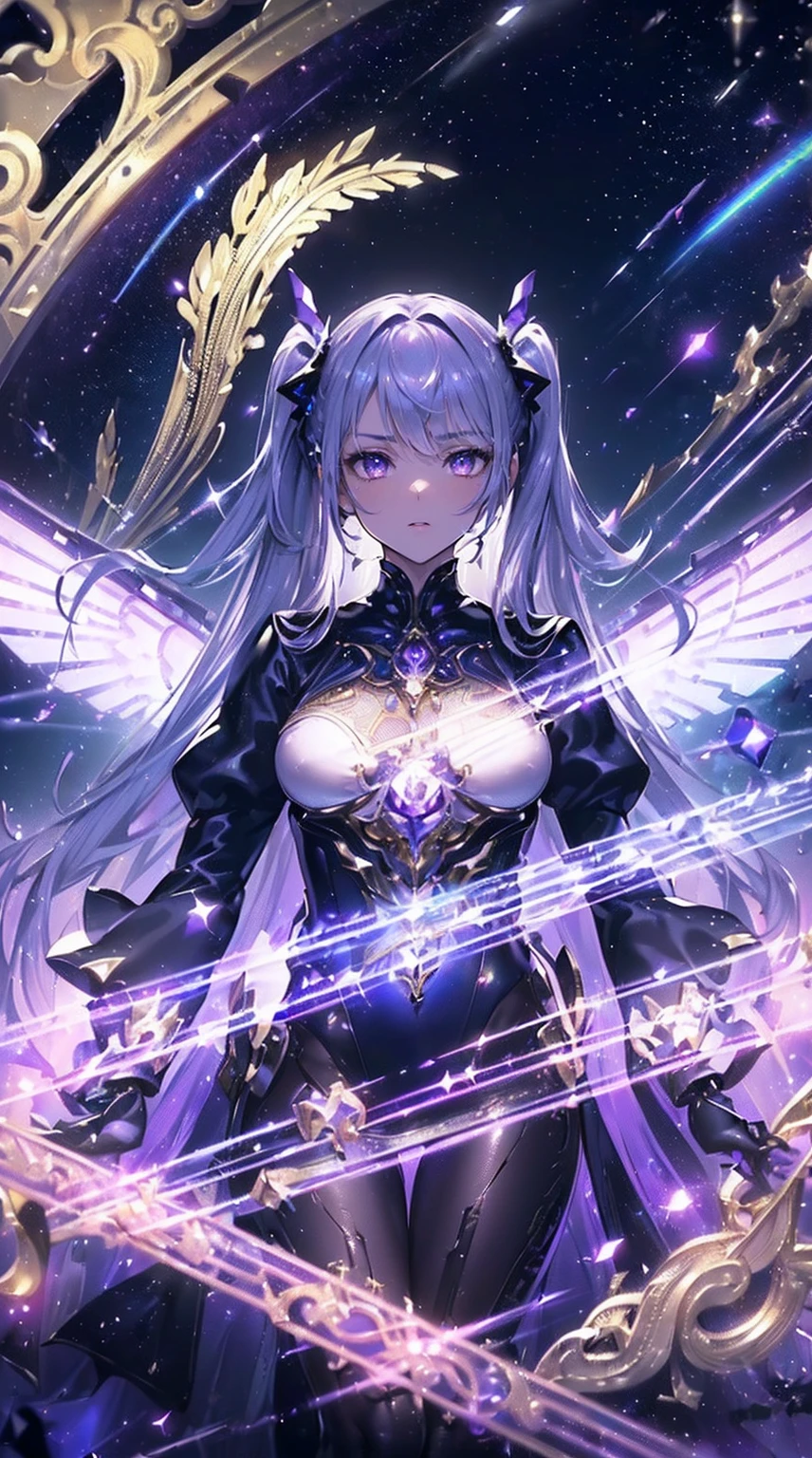 (((masterpiece))), (((highest quality))), ((ultra-detailed)), ((super fine illustration)), ((ultra-fine painting)), (upper body:1.2), Highly detailed and delicate illustration style, detailed skin texture, detailed metal texture, detailed cloth texture, extreme detailed description, (T-masterpiece), (highly detailed face), original, raw photo, professional, Intricate details, super details, intricate ornament details, perfect anatomy, (18-years-old), (sexy), (sexy), real, ((Solo)), ((A beautiful and cool girl marshal with beautiful hair and eyes dressed as a mechanical angel)) BRAKE Beautifully shaped small breasts, Beautifully shaped small buttocks, (beautiful and shiny silver hair with twintails:1.1), (Beautiful clear purple eyes:1.1), (detailed beautiful clear eyes:1.6), BRAKE ((sophisticated mechanism:1.4))Smooth and menacing design, (Sleek large highly detailed and delicate mechanical wings in a glowing amethyst purple color:1.4)), ((A very mysterious and sacred large sword that shines in rainbow colors with amethyst purple color exclusively for marshal girls:1.3)), ((High-speed, high-mobility, iridescent, highly detailed and baptized mechanical armor for marshal girls in amethyst purple color:1.3)) BRAKE concept-art, Detailed Science Fantasy Art, (Battle Pose), ((Highly detailed and sophisticated slashing pose:1.1)) BRAKE (Highly detailed and delicate starry sky), (other world), no robot, (close mouth), Front view, (8K highest quality wallpaper), Highly detailed and delicate background BRAKE (cute background, Geometric patterns, vivid color background:1.5), (colorful confetti:1.15) BRAKE (NSFW) BRAKE