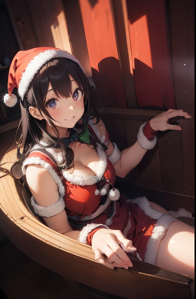 ultra-quality, ultla highres, Hyper Detailed, High contrast, Ultrafine Strike, creative refinement,A dark-haired,ssmile,Santa Claus Costume,Show cleavage,livingroom,5 fingers