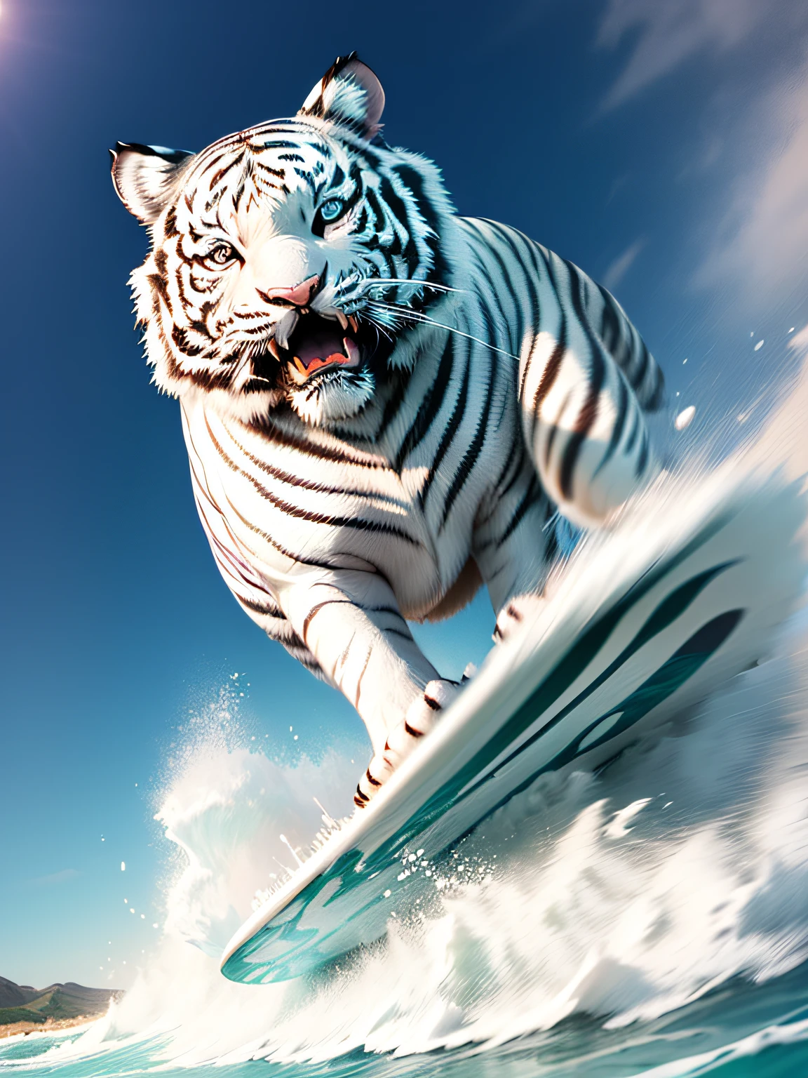 (cute white tiger surfing:1.2),Chibi, Cartoon style, (Motion Blur), (best composition), (masutepiece), (Best Quality), (ultra high detail), (Detailed face), (Detailed eyes)