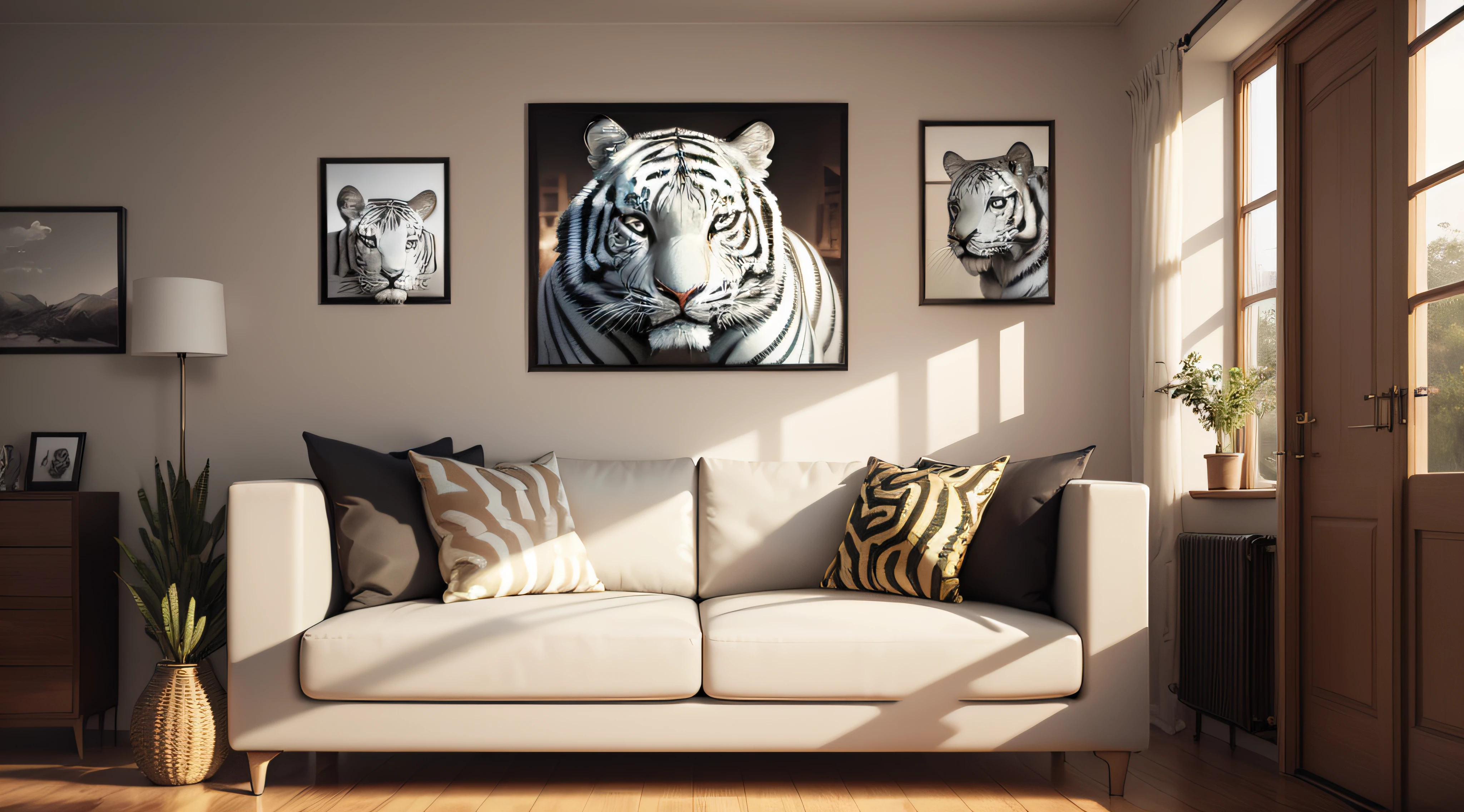 Dans un salon de maison africaine: une tête de tigre blanc (Chassé) accroché au mur (meilleur qualité, résolution élevée, ultra-détaillée). Beauté sauvage.