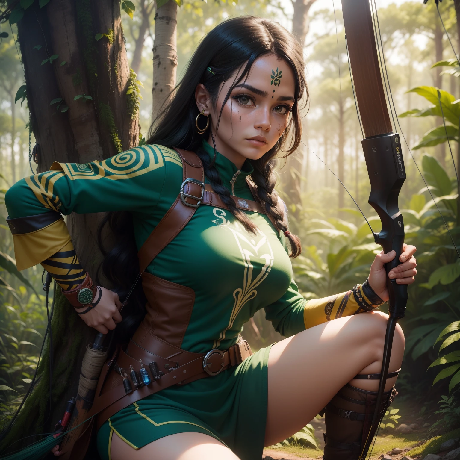 Masterpieces, best quality, perfect, wood, outdoors, forest, elf, sfw,26 years old, mature woman, leather, small ears, blushing, freckles, facing viewer, brown hair, full body, archer, long torso, mouth open, glossy lips, large waist, thick thighs, Standing up, facing viewer, thigh high socks, hourglass shape, slim waist, thigh gap, cleavege, adult woman, cleavege window, large breasts, beautiful background, perfect landscape, the most peacefull place you've ever been, a welcoming woman, lush pastures, leg strap, leg holster, belt, hunger games, holding wooden bow, holding fancy elf bow, milf, thigh boots held up by leather waist strap, cleavege cutout,