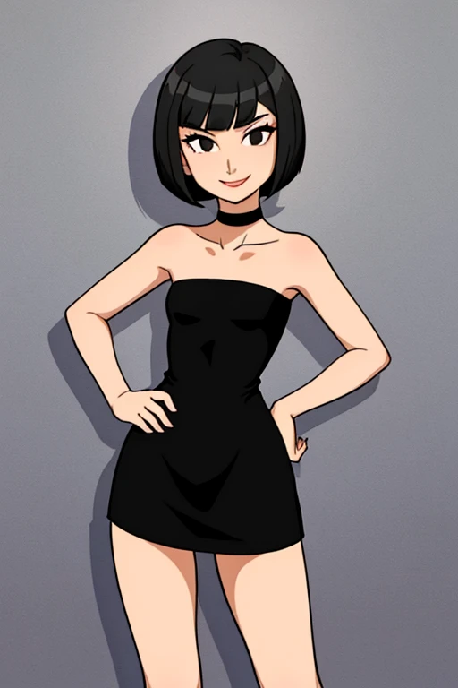 1 girl, teenage, black hair, short black hair, medium hair, bob hair, black eyes, little black dress, strapless dress, short bodycon dress, skin-tight dress, smile, choker, fancy hotel, hands on hips, sexy, masterpiece, high quality, flat colors, flat colors, cel shading, hard shadows, outlines, vector art.
