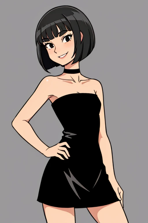1 girl, age, black hair, short black hair, medium hair, bob hair, black eyes, little black dress, strapless dress, short bodycon dress, skin-tight dress, smile, choker, fancy hotel, hands on hips, sexy, masterpiece, high quality, flat colors, flat colors, cel shading, hard shadows, outlines, vector art.