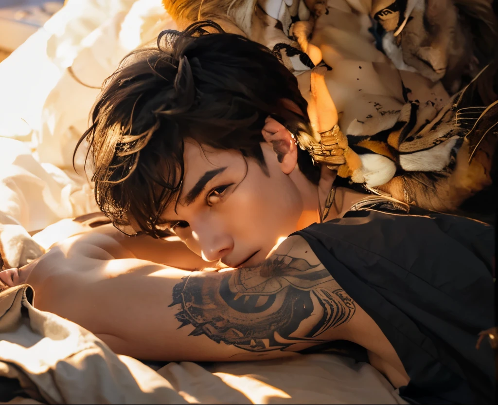 Boy lying on bed with lion on his back