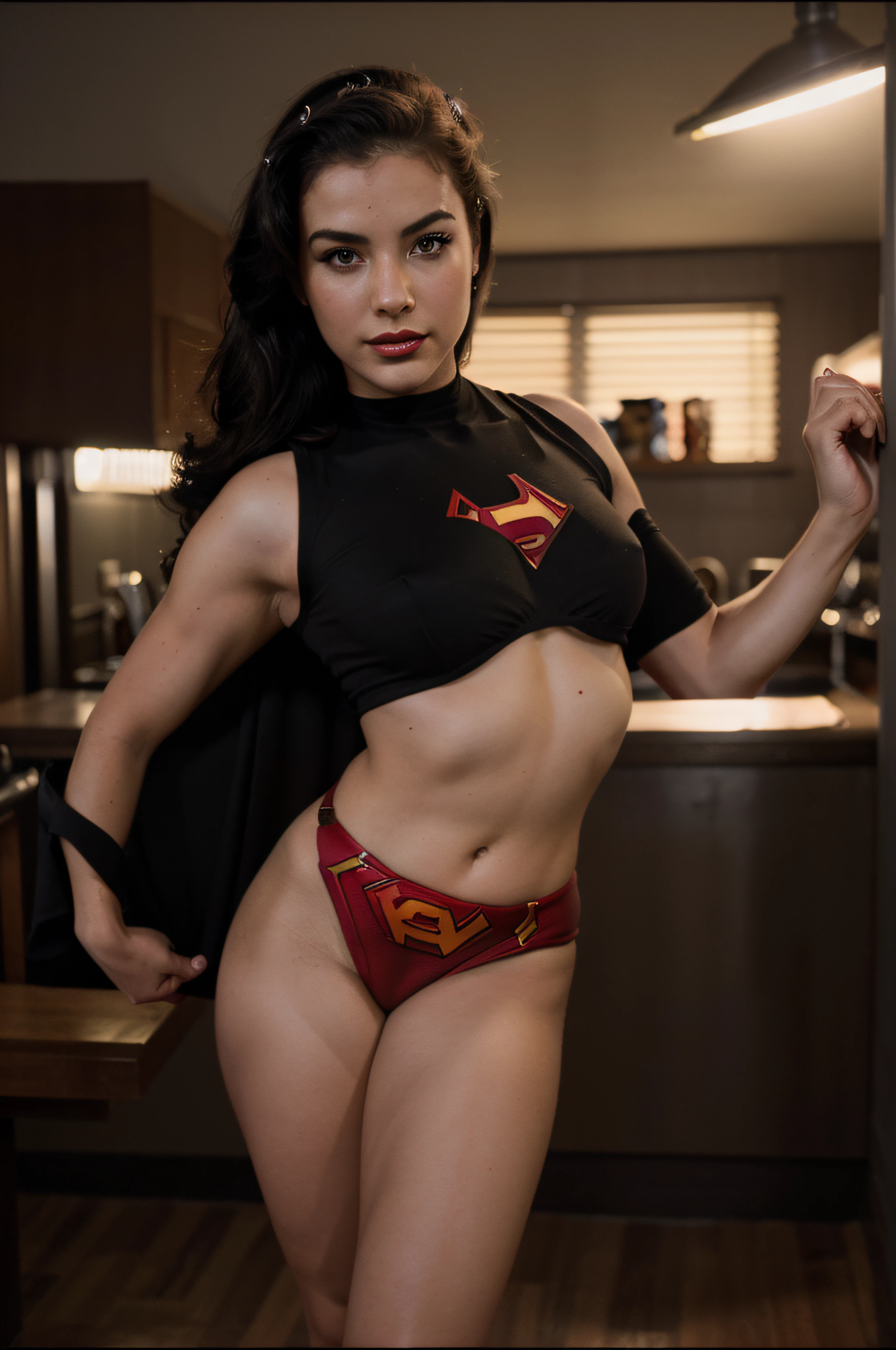 "(¡foto épica, oscuro, color, foto hd, grano, film moderno, motion blur, realism), (pinup girl superhero style 50´s, very sexy)