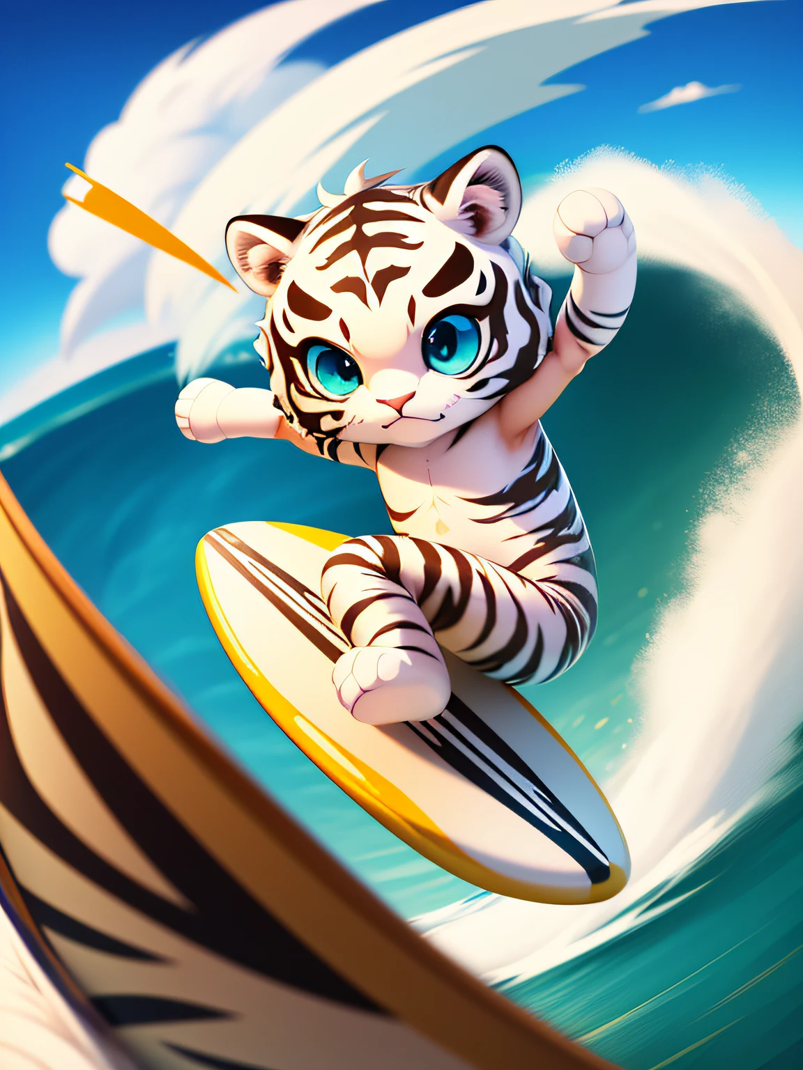 (cute white tiger surfing:1.2), No person, Chibi, 2D, Cartoon style, (Motion Blur), (best composition), (masutepiece), (Best Quality), (ultra high detail), (Detailed face), (Detailed eyes)