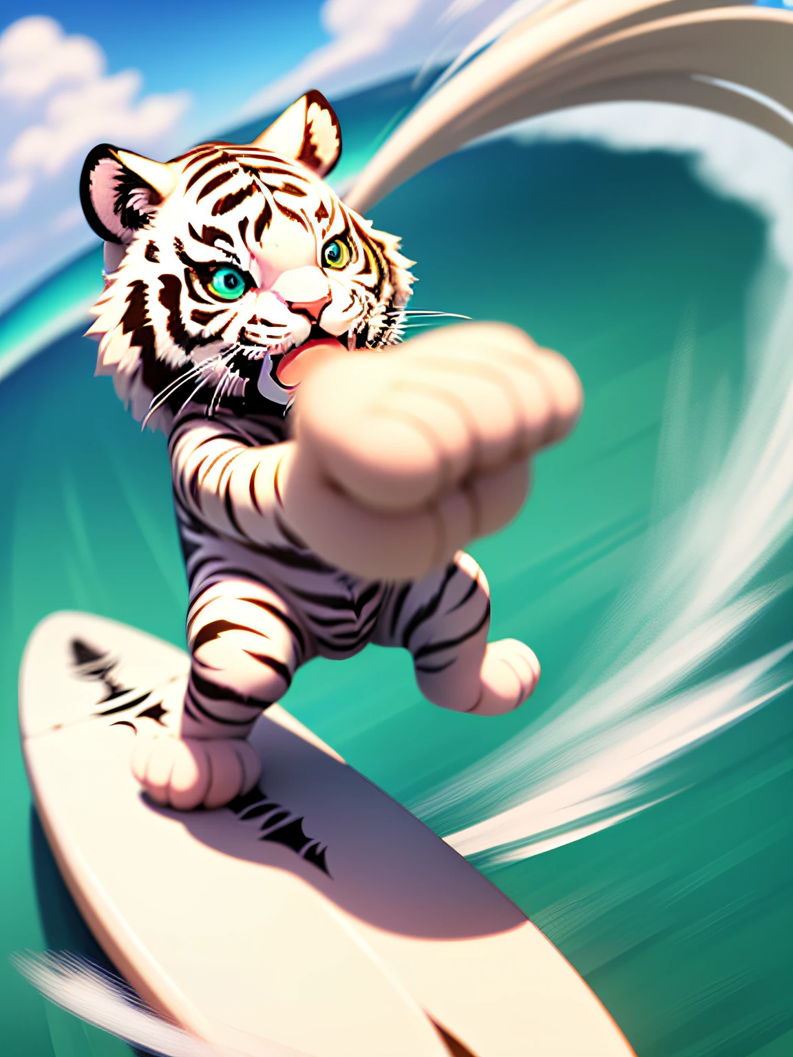 (cute white tiger surfing:1.2), No person, Chibi, 2D, Cartoon style, (Motion Blur), (best composition), (masutepiece), (Best Quality), (ultra high detail), (Detailed face), (Detailed eyes)