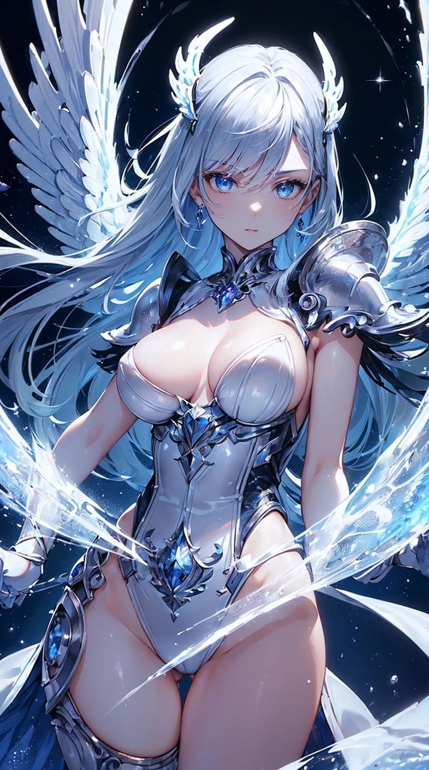 (((masterpiece))), (((highest quality))), ((ultra-detailed)), ((super fine illustration)), ((ultra-fine painting)), (upper body:1.2), Highly detailed and delicate illustration style, detailed skin texture, detailed metal texture, detailed cloth texture, extreme detailed description, (T-masterpiece), (highly detailed face), original, raw photo, professional, Intricate details, super details, intricate ornament details, perfect anatomy, (-yeld), (y), (sexy), real, ((Solo)), ((Beautiful female marshal dressed as a mechanical angel)) BRAKE Beautifully shaped small breasts, Beautifully shaped small buttocks, (Beautiful shiny silver hair), (beautiful clear blue eyes), (detailed beautiful clear eyes:1.6) BRAKE ((sophisticated mechanism:1.4))Smooth and menacing design, (Highly detailed and delicate large pearl white Sleek symmetrical mechanical wings:1.3)), ((Highly detailed, sophisticated and highly versatile long rifle and longsword exclusively for marshals in sapphire blue and pearl white:1.3), ((Highly detailed and delicate highly versatile standard mechanical armor that shines in sapphire blue and pearl white exclusively for the Girl Marshal:1.2)) BRAKE concept-art, Detailed Science Fantasy Art, (Battle Pose), ((Highly detailed and dynamic attack pose)) BRAKE (Highly detailed and delicate starry sky), (other world), no robot, (8K highest quality wallpaper), Highly detailed and delicate background BRAKE (NSFW) BRAKE