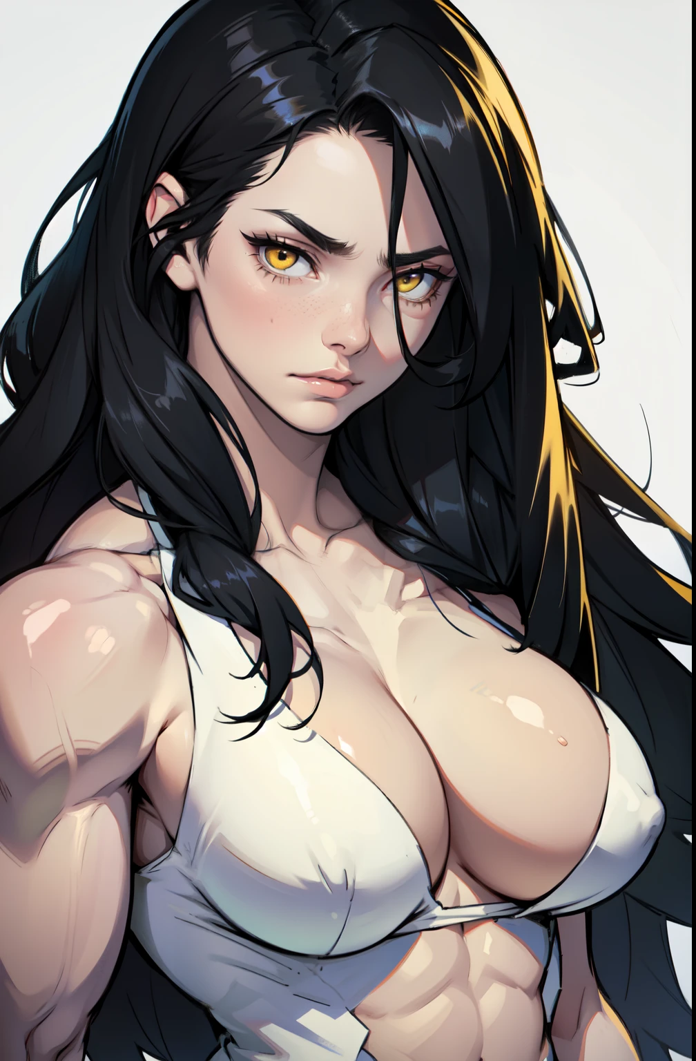 ((1 girl)) sad girl very long hair pale skin black hair yellow eyes ((((muscular)))) big tits close up