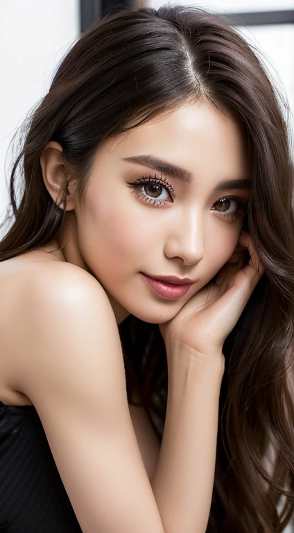 Best quality, Realistic, Photorealistic, extremely detailed, An extremely delicate and beautiful, RAW photo, 4K, 8K,Professional lighting, Dynamic lighting, light in face, Depth of field, solo focus, full body, Indonesian beauties, A 30-year-old female, black wavy hair, Brown eyes, Smaller head, Fashion girl, Beautiful eyes, Large breasts, Real face, Real skin, Realistic face, Realistic skin, Detailed eyes, Detailed facial features, detailed skintight black laces dress features, (fashionable attire:1.3), (fashion hair: 1.5), seductive poses, Detailed face and breasts, beautiful smile,