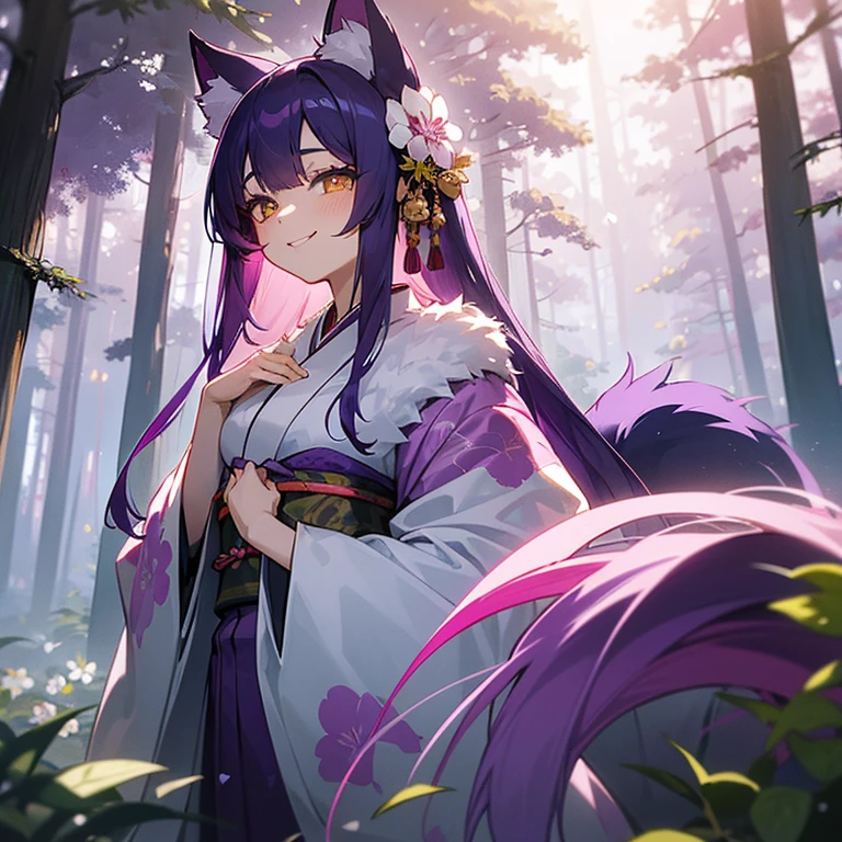 masterpiece, best quality, 1girl. Anime. Purple hair, pink strands in hair, yellow eyes, slit pupils, kitsune, sweet expression, smiling, long hair, kimono, black kimono, purple kimono, white flowers, in the forest, kimono is fully closed, kimono covering chest and body, fluffy tail, fluffy ears