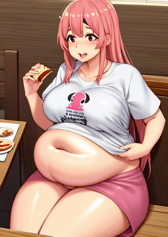 very fat, large stomach, chubby (best quality, masterpiece),fat, belly, sitting down, Sumi Sakurasawa, Sumi rent a gf, pink pair, table, sitting, table with lots of food