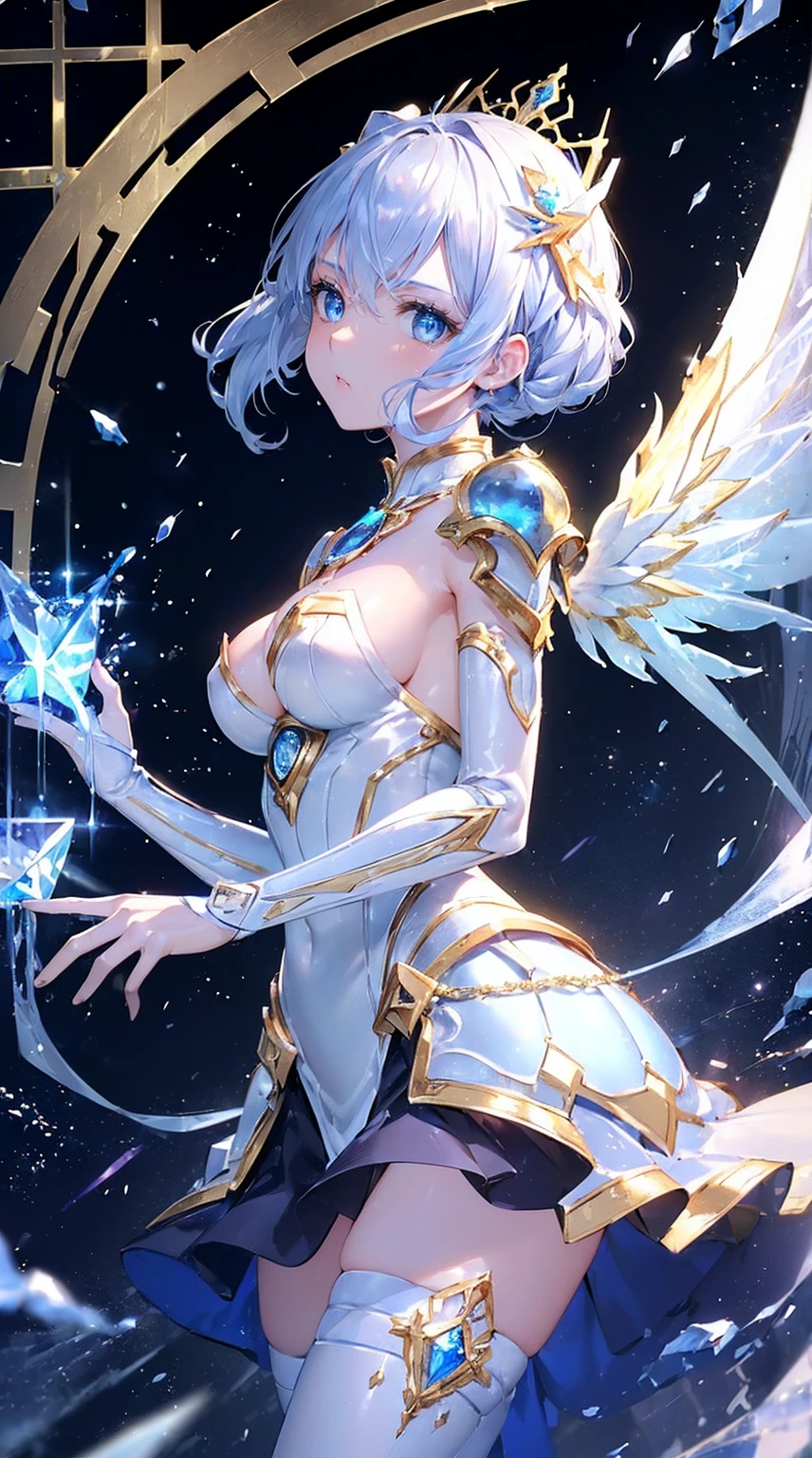 (((masterpiece))), (((highest quality))), ((ultra-detailed)), ((super fine illustration)), ((ultra-fine painting)), (upper body:1.2), Highly detailed and delicate illustration style, detailed skin texture, detailed metal texture, detailed cloth texture, extreme detailed description, (T-masterpiece), (highly detailed face), original, raw photo, professional, Intricate details, super details, intricate ornament details, perfect anatomy, (sexy), (sexy), real, ((Solo)), ((A very beautiful and intelligent mechanized angel girl who is the head court mage)) BRAKE Beautifully shaped small breasts, Beautifully shaped small buttocks, (Beautiful shiny silver hair), (Beautiful clear blue eyes), (detailed beautiful eyes:1.6) BRAKE ((sophisticated mechanism:1.4))Smooth and menacing design, (Highly detailed and delicate large pearl white Sleek symmetrical mechanical wings:1.4), ((A highly detailed and sophisticated mechanical wand in sapphire blue exclusively for the head court mage:1.3)), ((A highly detailed and delicate ice and thunder magic divine mechanical armor dress that shines in sapphire blue and pearl white exclusively for the head court mage:1.3)), BRAKE concept-art, Detailed science magic fantasy art, (Battle Pose), ((Highly detailed and cool Attack Magic Casting Pose)), (Always draw a very detailed and delicate magic circle with a wand) BRAKE (Highly detailed and delicate starry sky), (Highly detailed and delicate Crystal of snow and lightning background), other world, No robot, (8K highest quality wallpaper), Highly detailed and delicate background BRAKE (NSFW) BREAK (cute background, Geometric patterns, vivid color background:1.5), (colorful confetti:1.15) BREAK