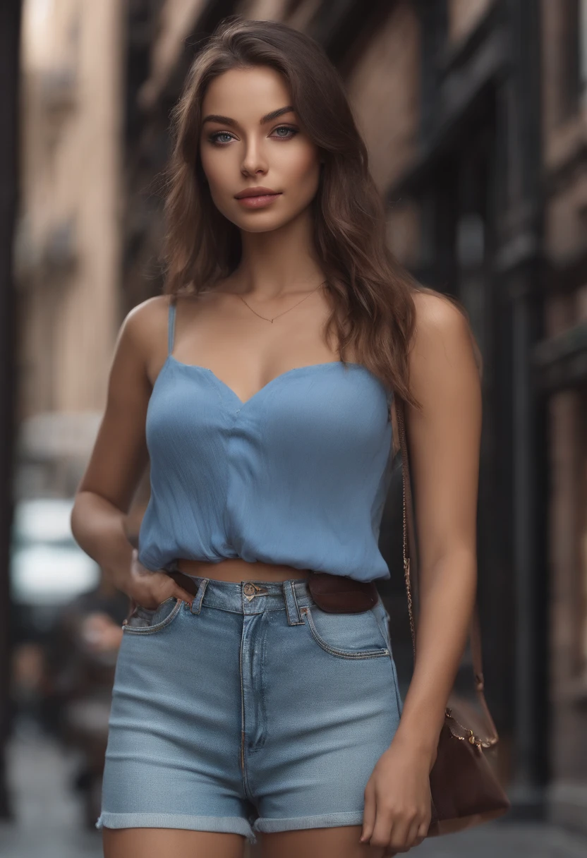 arafed woman fully , sexy girl with blue eyes, ultra realistic, meticulously detailed, portrait sophie mudd, brown hair and large eyes, selfie of a young woman, Street eyes, violet myers, without makeup, natural makeup, looking directly at the camera, face with artgram, subtle makeup, walking down the street shot,in the street, medium to large size bust mixed race ,revealing sexy outfit anime shirt, showing butt