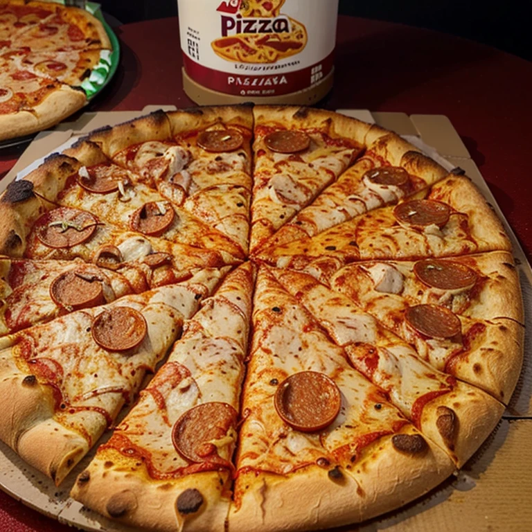 create an image of a (((pizza))) half pepperoni and half catu chicken, in the background all (((red)))