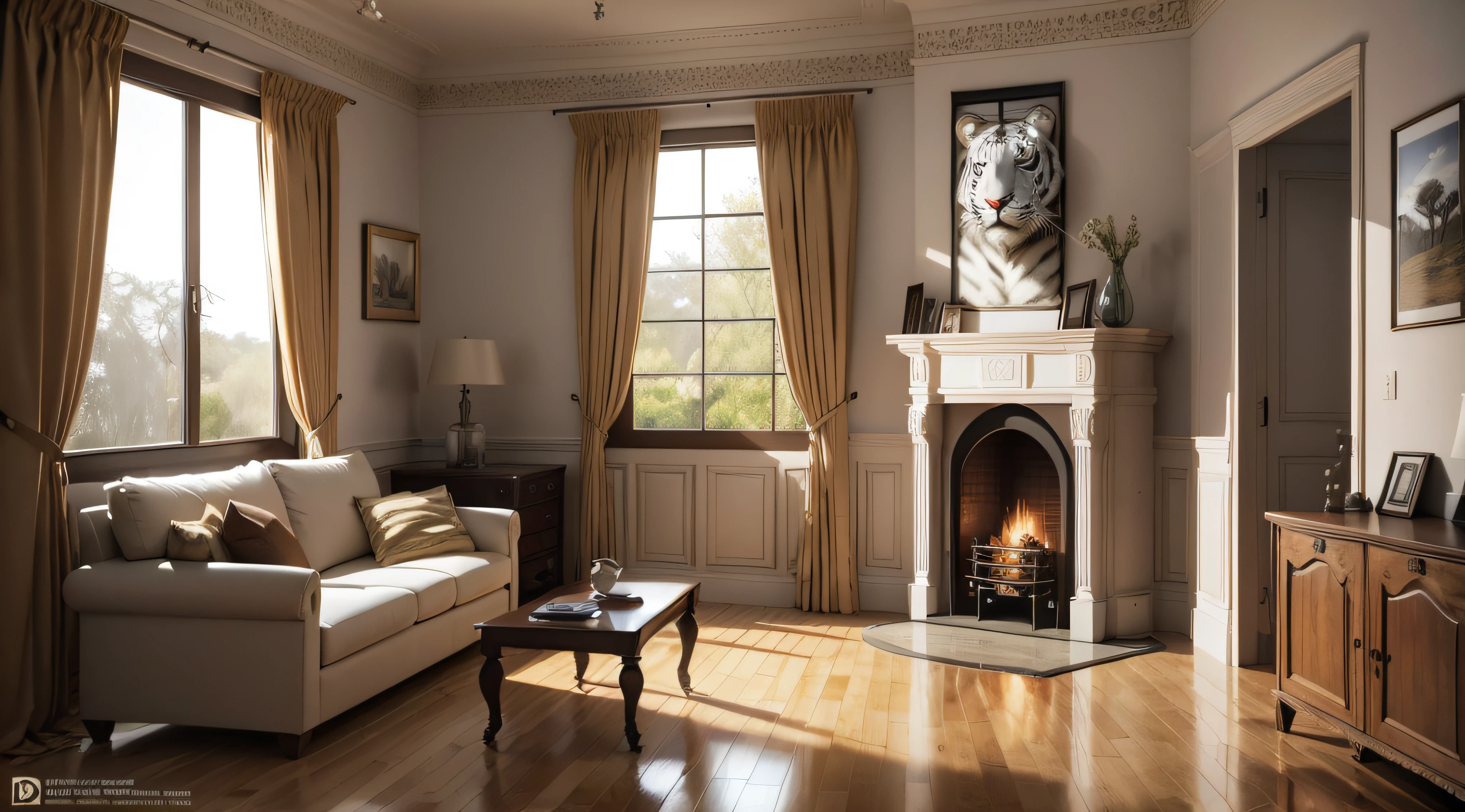 Dans le salon d'une maison en Afrique: suite à une chasse (trophée de chasse): une tête de tigre blanc (3d) accroché au mur (meilleur qualité, résolution élevée, ultra-détaillée). Beauté sauvage.