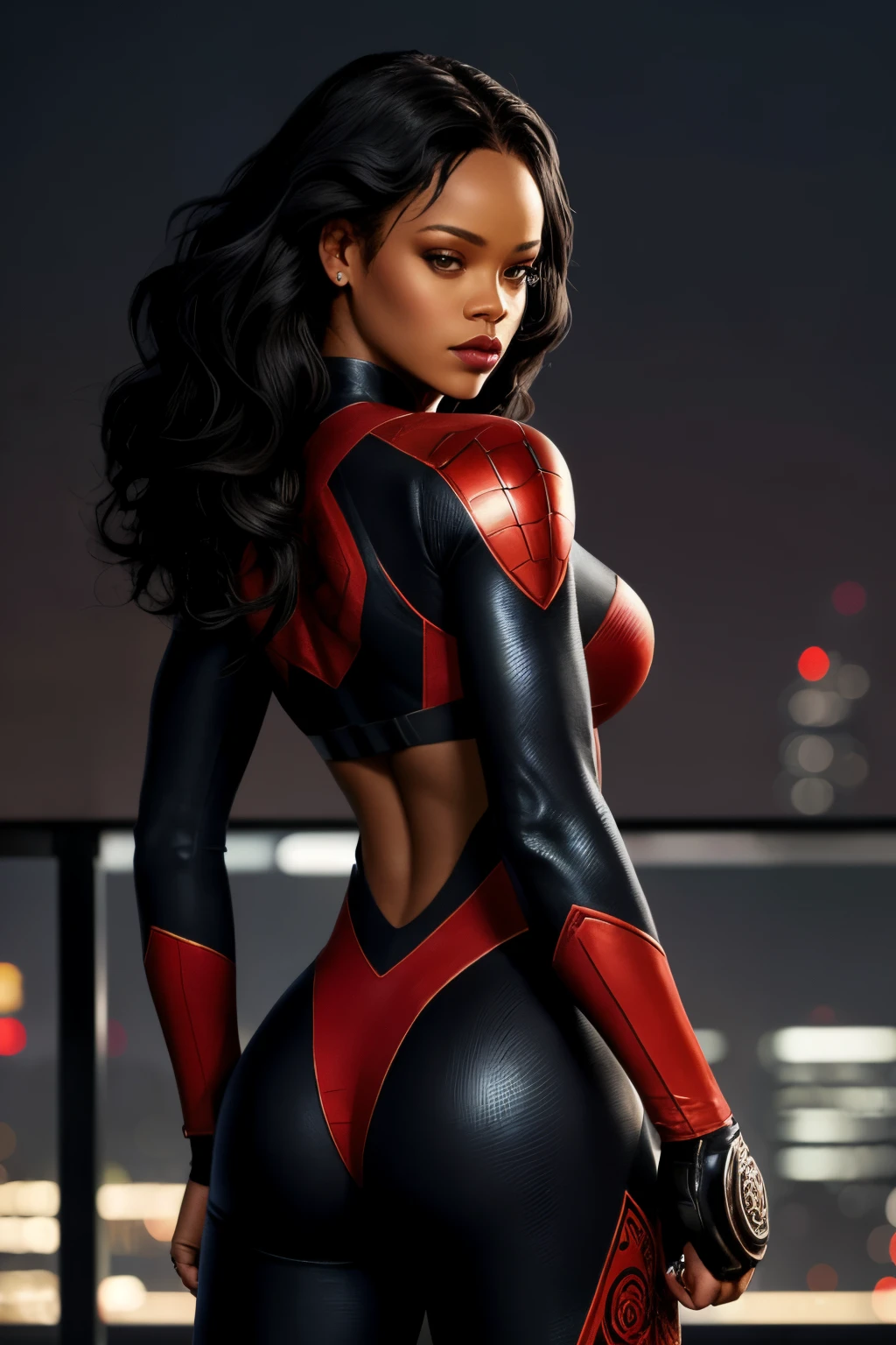 Rihanna, clad in her iconic red and black superhero suit, with a sleek, high-tech helmet perched atop her head. Her striking features are highlighted in this close-up portrait, her lips painted a vibrant shade of crimson red and her eyes narrowed in determination. Her ebony hair cascades down her back in soft, loose curls, contrasting beautifully with the rigid lines of her armor. The lighting of the image casts a warm glow upon her skin, emphasizing her striking features and the intricate details of her suit. The suit itself is adorned with intricate designs and lines, creating a sense of movement even when she's standing still. Her muscular arms are crossed over her chest, revealing a hint of the advanced technology beneath her suit, and her hands are clenched into fists, ready for action. In the background, a cityscape is visible, lit up by the light of dusk, with Rihanna's silhouette standing tall against the skyline, ready to defend the city from any threat that may arise.