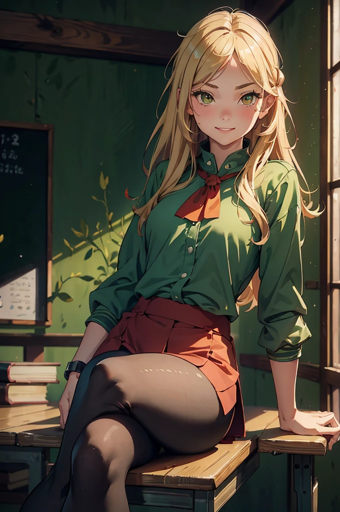 1girl, solo, 16 years old, loose blond hair, wearing red leggings and green sweather, sitting on a chair in classroom, crossing legs, smiling embarassed, side view, bare forehead, hooked nose, puffy cheeks, small breast, alluring, flirty, confident, scornful look, malicious smirk, detailed face, detailed yellow eyes, detailed irises, thick fleshy lips, medieval, high res, best quality, ultrasharp, 8K, cinematic, green wall behind