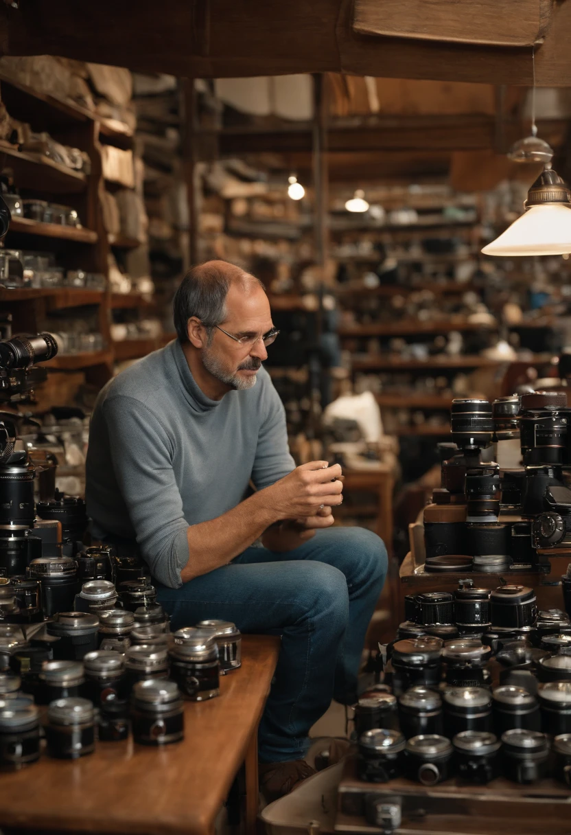 A photo of Jobs examining the intricate details of a vintage camera collection at an antique market,original,Steve Jobs, the co-founder of Apple Inc., was known for his signature style: a black turtleneck, blue jeans, and New Balance sneakers, creating a minimalist and iconic image. He had a slender build and an intense, penetrating gaze, often accompanied by a contemplative or fiercely determined expression., male
