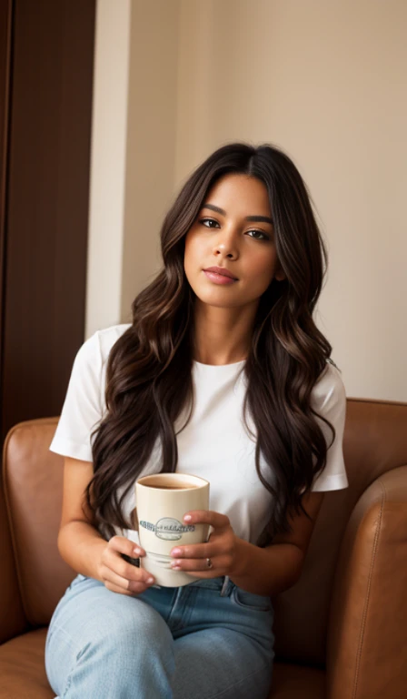 Modelo realista. Cabello largo. Spending time on a piece of furniture enjoying your morning coffee