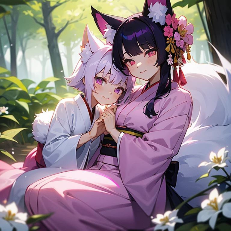 masterpiece, best quality, 2girl. Anime. Purple hair, pink strands in hair, yellow eyes, slit pupils, kitsune, sweet expression, smiling, long hair, kimono, black kimono, purple kimono, white flowers, in the forest, kimono is fully closed, kimono covering chest and body, fluffy tail, fluffy ears. Pink and black hair, white eyes, slit pupils, kitsune, bored look, short hair, kimono, pink kimono, white kimono, pink flowers, purple flowers, fluffy tails, fluffy ears