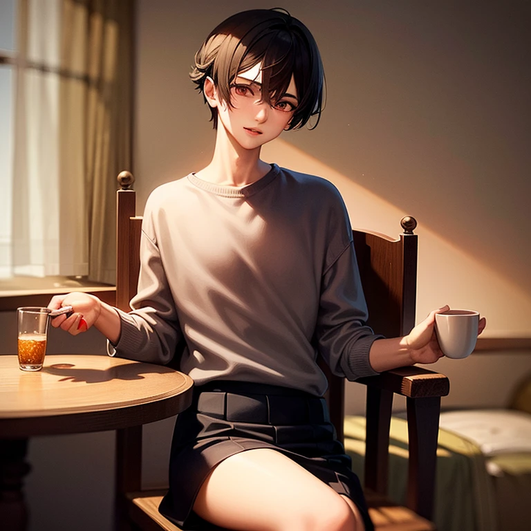 Masterpiece, Best Quality, random guy, 20yo, filling sick, sitting on chair, (holding in hand cup of tea:1.1), table, table in front of him, jam on table