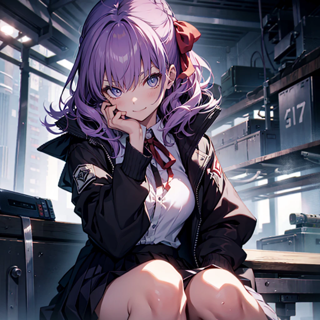 Hugob, nsfw, Purple hair, Long hair, Bangs, (Purple eyes:1.1), (medium breasts⁩:1.2),Blake Black Jacket, Black skirt, Collared shirt, Hair Ribbon, high waist skirt, Jacket, Long sleeves, Neck ribbon, Open your clothes, Open jacket, Pleated skirt, Red Ribbon, bow ribbon, Shirt, Skirt, sleeves past wrists, White shirt, Wide sleeves,BREAK looking at viewer,BREAK outdoors, BREAK (masutepiece:1.2), Best Quality, High resolution, Unity 8k壁纸, (Illustration:0.8), (Beautiful detailed eyes:1.6), extra detailed face, Perfect Lighting, extremely details CG, (Perfect hands, Perfect Anatomy),miscievous smile, (dancing, sitting, spreading legs:1.5, wet panties ),