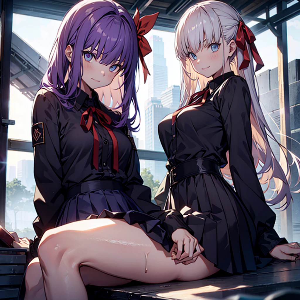 Hugob, nsfw, Purple hair, Long hair, Bangs, (Purple eyes:1.1), (medium breasts⁩:1.2),Blake Black Jacket, Black skirt, Collared shirt, Hair Ribbon, high waist skirt, Jacket, Long sleeves, Neck ribbon, Open your clothes, Open jacket, Pleated skirt, Red Ribbon, bow ribbon, Shirt, Skirt, sleeves past wrists, White shirt, Wide sleeves,BREAK looking at viewer,BREAK outdoors, BREAK (masutepiece:1.2), Best Quality, High resolution, Unity 8k壁纸, (Illustration:0.8), (Beautiful detailed eyes:1.6), extra detailed face, Perfect Lighting, extremely details CG, (Perfect hands, Perfect Anatomy),miscievous smile, (dancing, sitting, spreading legs:1.5, wet panties ),