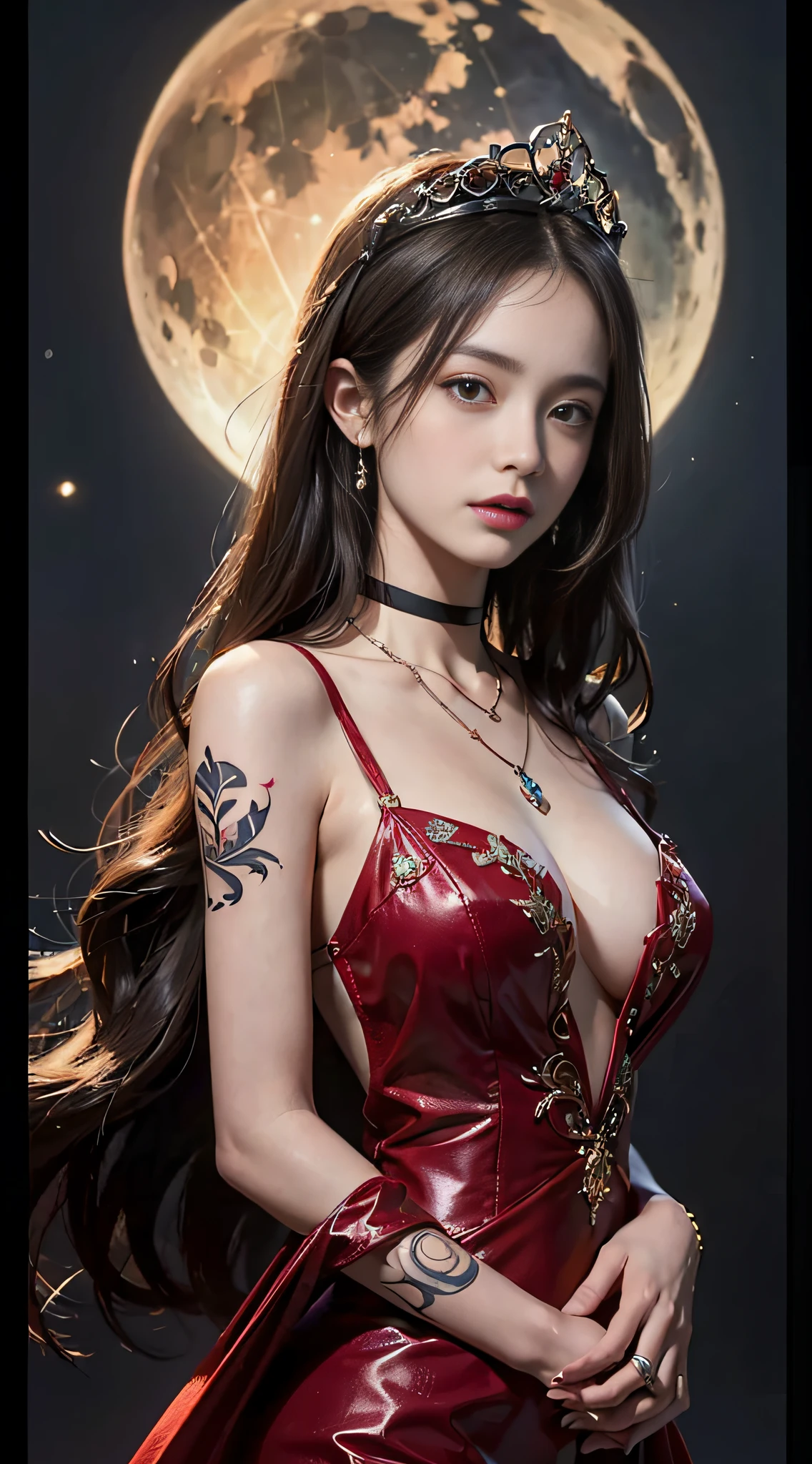 ((masterpiece:1.4)、(top-quality:1.4)、(reallistic:1.7))、masuter piece:1.4、(Top-of-the-line rendering:1.4)、Ultra-realistic portrait of a beautiful Martian queen、Super beautiful girl queen、((1girl in:1.4))、Shiny natural skin texture、(Gorgeous Brilliant Queen Costume:1.4)、(An outfit that emphasizes beautiful breasts:1.4)、age19、(Cute tattoos:1.4)、(Perfect female body:1.4)、Portrait photo of a girl、(standingn:1.4)、(Upper body photo:1.4)、Fantasyart、Soft front light、美丽的面容、Beautiful udder、large full breasts:1.2、Sexy ass、A detailed eye、Beautiful and attractive eyes、beautidful eyes、Narrow waist、beauty legs、Raw photo、red-lips、Red high heels、(tiarra:1.4、a choker:1.4、a necklace:1.4、耳环:1.4)、1 screen display、Under the Martian Moon、A super beautiful queen standing in the square of the royal palace
