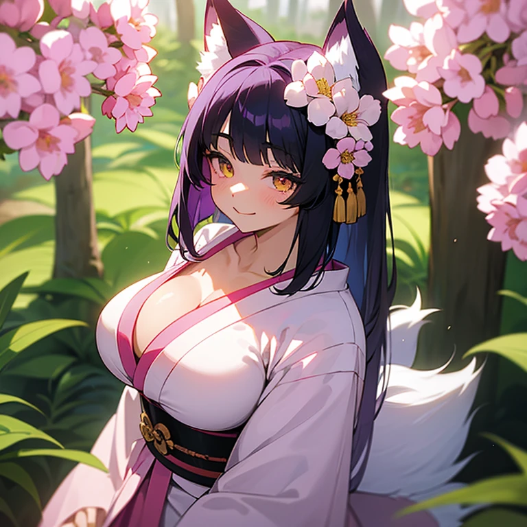 masterpiece, best quality, 12girl. Anime. Purple hair, pink strands in hair, yellow eyes, slit pupils, kitsune, sweet expression, smiling, long hair, kimono, black kimono, purple kimono, white flowers, in the forest, kimono is fully closed, kimono covering chest and body, fluffy tail, fluffy ears. Pink and black hair, white eyes, slit pupils, kitsune, bored look, short hair, kimono, pink kimono, white kimono, pink flowers, purple flowers, fluffy tails, fluffy ears