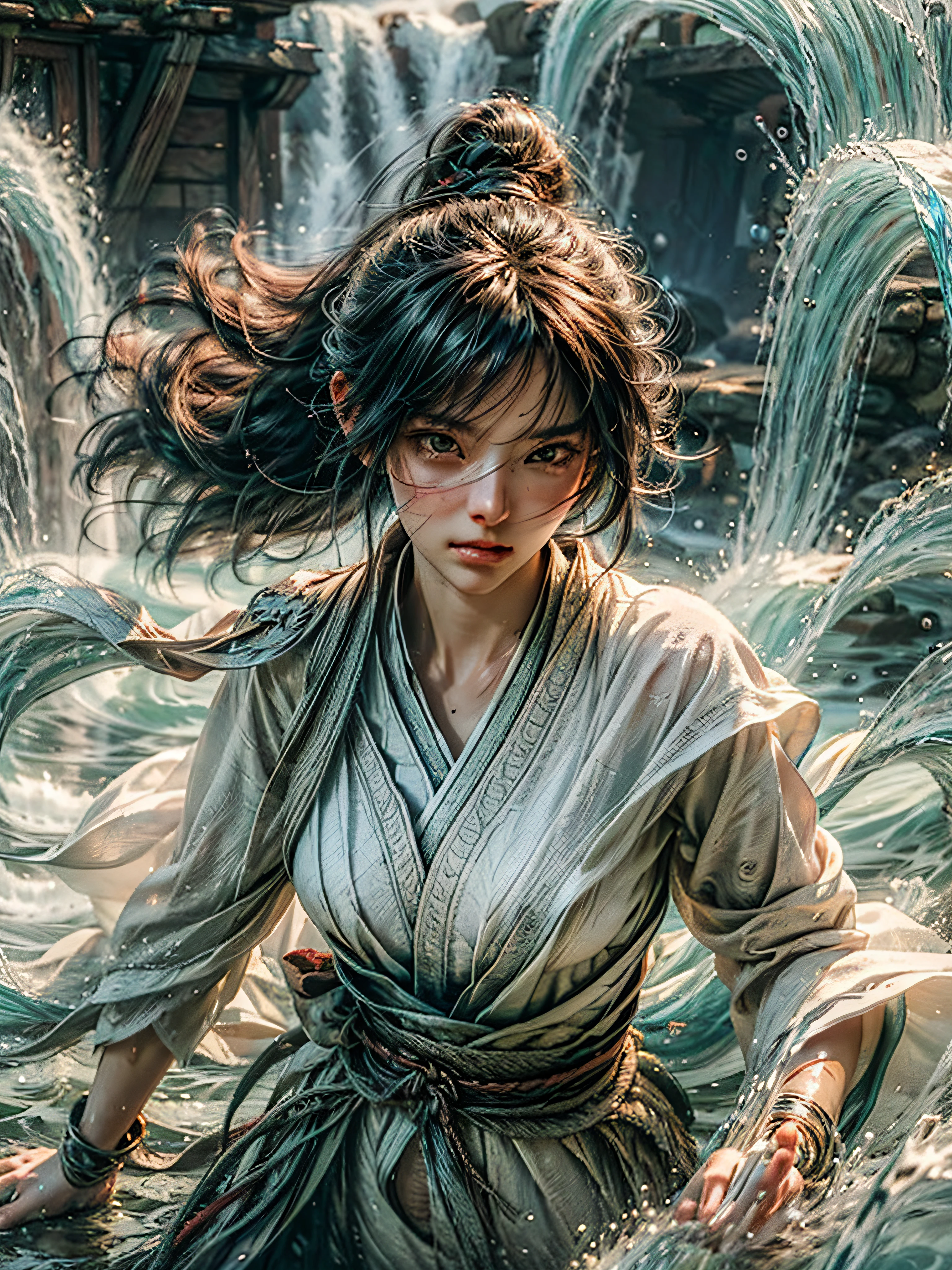 (RAW Photo, Best Quality), (Realistic: 1.3), Highly Detailed, Masterpiece, Hyperdetail, Illustration, 1 Girl, upper_body, Dynamic Angle, World Mastery Theater, messy_long_hair, Best Quality, Extremely Detailed CG Unified 8k Wallpaper, Breathtaking, Cinematic Light, lens_flare, beautiful Eyes, (Yushui: 1.2), Water, Waves, White Clothes, White Veil, (White Serpent's Tail), Sony main shot, beautiful medium breast