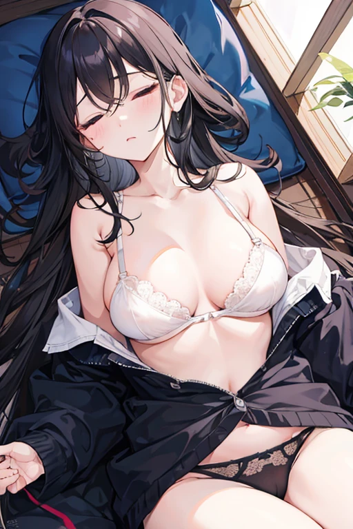 bra very、tits out、A dark-haired、girl with、Gentle face、Falachio、sprawl、Ecchi、Prone、Kamimei、Sleeping