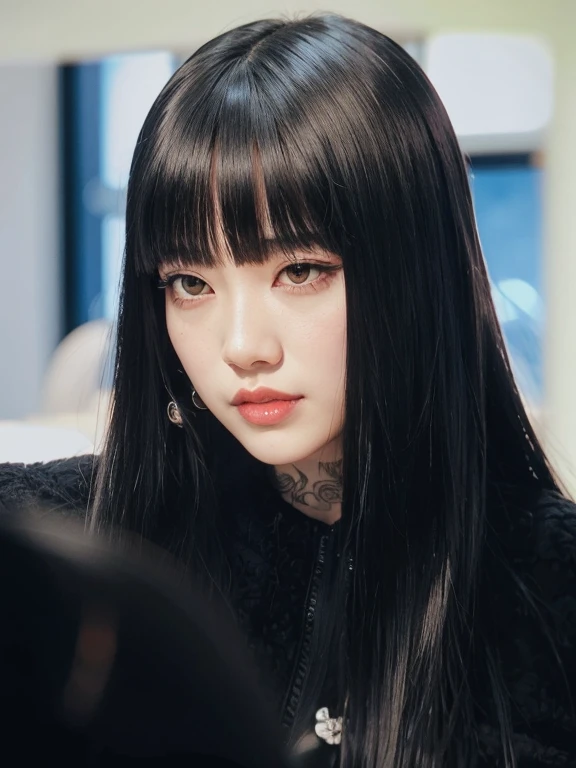 Araffe con pelo largo y negro y piercings sentado en una silla., Ella tiene el pelo negro con flequillo, Retrato de Jossi de Blackpink, Junji Ito 4 K, El Corte Hime, Cabello negro Hime cortado, Sui Ishida con cabello negro, cabello blackbangs cabello, cruel korean goth girl, flequillo negro, Estilo de Junji Ito, Jossi de Blackpink
