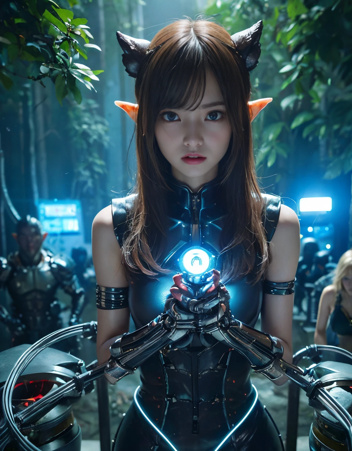 (1 Mechanical Girl)、top-quality、masterpiece、超A high resolution、(Photorealsitic:1.4)、Raw photo、1人、Fight mutants、glowy skin、(((1 Mechanical Girl)))、With a beautiful knife、(Red Metal Bodysuit)、(Fight goblings、ogre、Fierce battle with orcs),(Fight fiercely against aliens)、Fight fiercely、(beautiful forest background)、(Fighting Demonic Beasts)、(Small LED)、((super realistic details))、portlate、(Strong giant demon beast background),globalillumination、Shadow、octan render、8K、ultrasharp、Colossal tits、Raw skin is exposed in cleavage、metals、Details of complex ornaments、Japan details、highly intricate detail、Realistic light、(Mystical expression),CGSoation Trends、Blue eyes、radiant eyes、Facing the camera、neon details、(Mechanical limbs)、(blood vessels connected to tubes)、(Wires and cables connecting to the head)、Small LED、,Mechanical thighs、Toostock、(Hands are also made of machines)、(Attack of the Monster Beasts)、