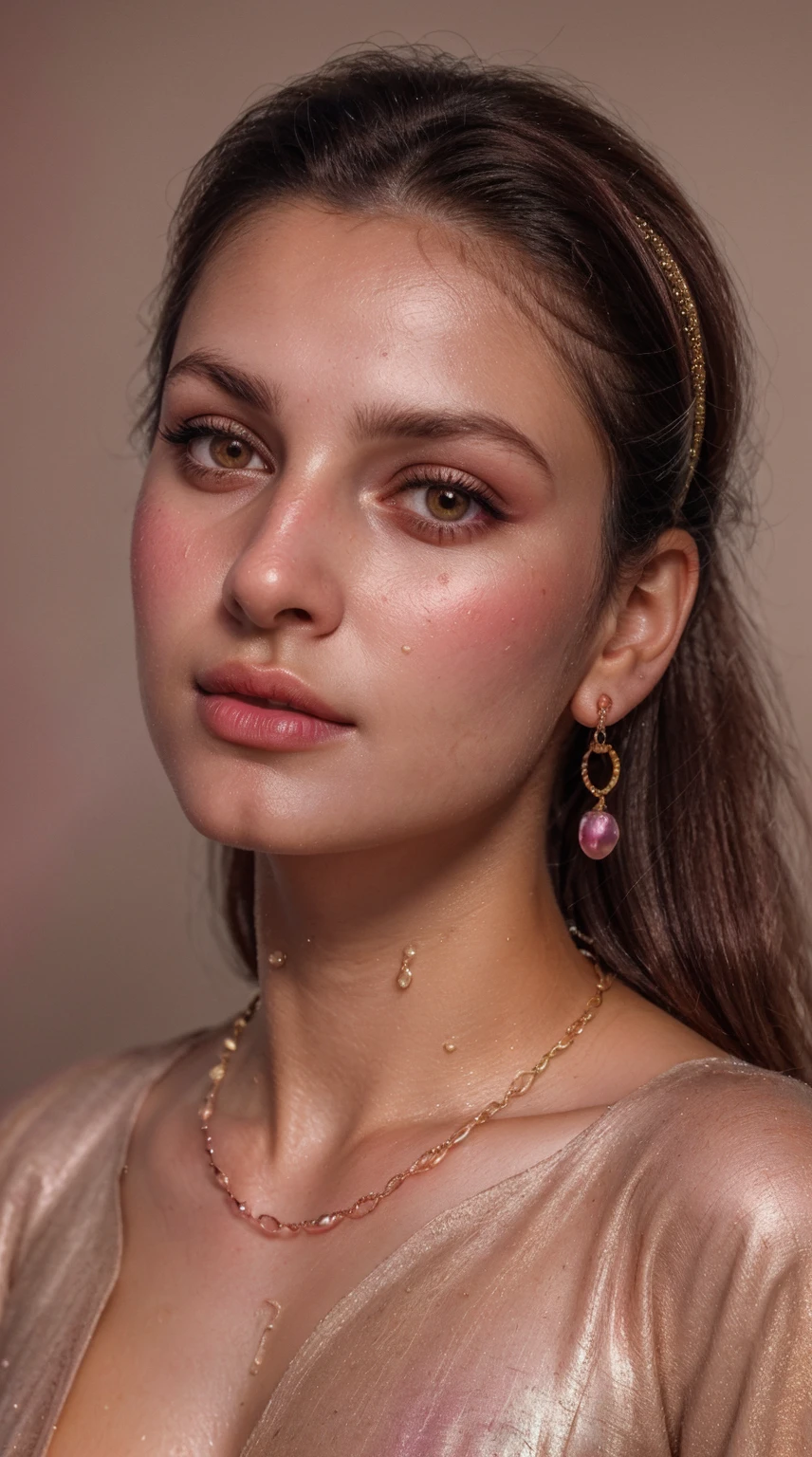 nude, (RAW photo, realism: 1.8), (very dark pink lip gloss, jet dark pink lipstick, many eyelashes, dark brown eye shadow, shy, blushing, high quality, high resolution, depth of field, chromatic aberration, caustic, wide light, natural colors, 30 year old woman), necklaces, chokers, earrings, bracelets, wear many accessories, soft skin fair pink skin, small breasts size, oily shine skin, slime nose soft skin, wears node pin,