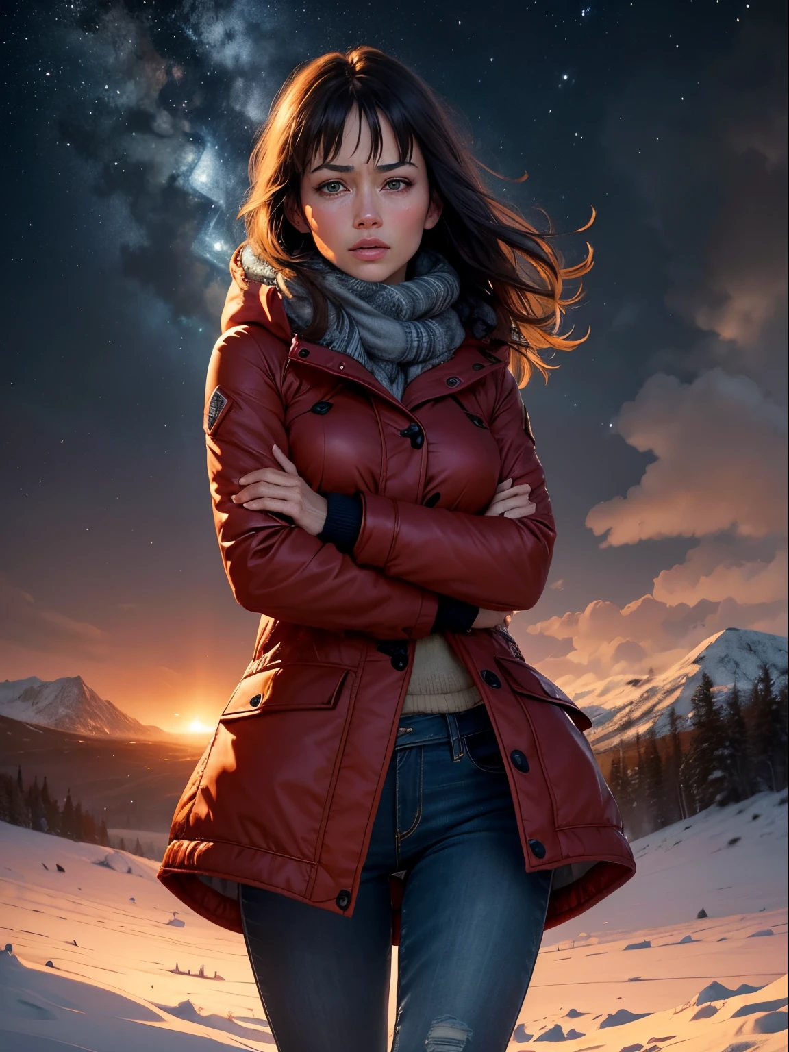 Olga Kurylenko, beautiful, crying, tears running down cheeks, dramatic, looking intently up at sky, wearing red parka, woolly jumper, jeans and keffiyeh, wind blowing long hair, snowy hills, nighttime, watching distant nuclear explosion, meteorites streaking across dark sky