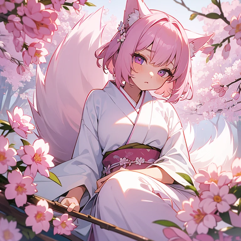 masterpiece, best quality, 1girl. Anime. light Pink hair, white eyes, slit pupils, kitsune, bored look, short hair, kimono, pink kimono, white kimono, pink flowers, purple flowers, fluffy tails, fluffy ears